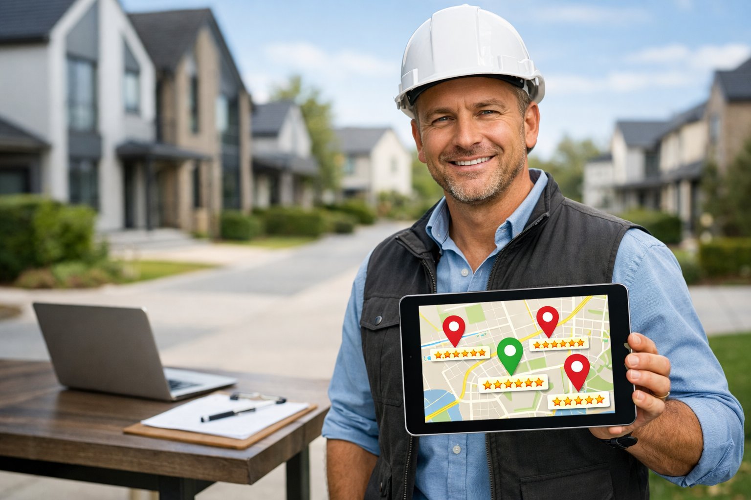 A contractor standing outdoors in a residential neighborhood holding a tablet showing location pins and star ratings.