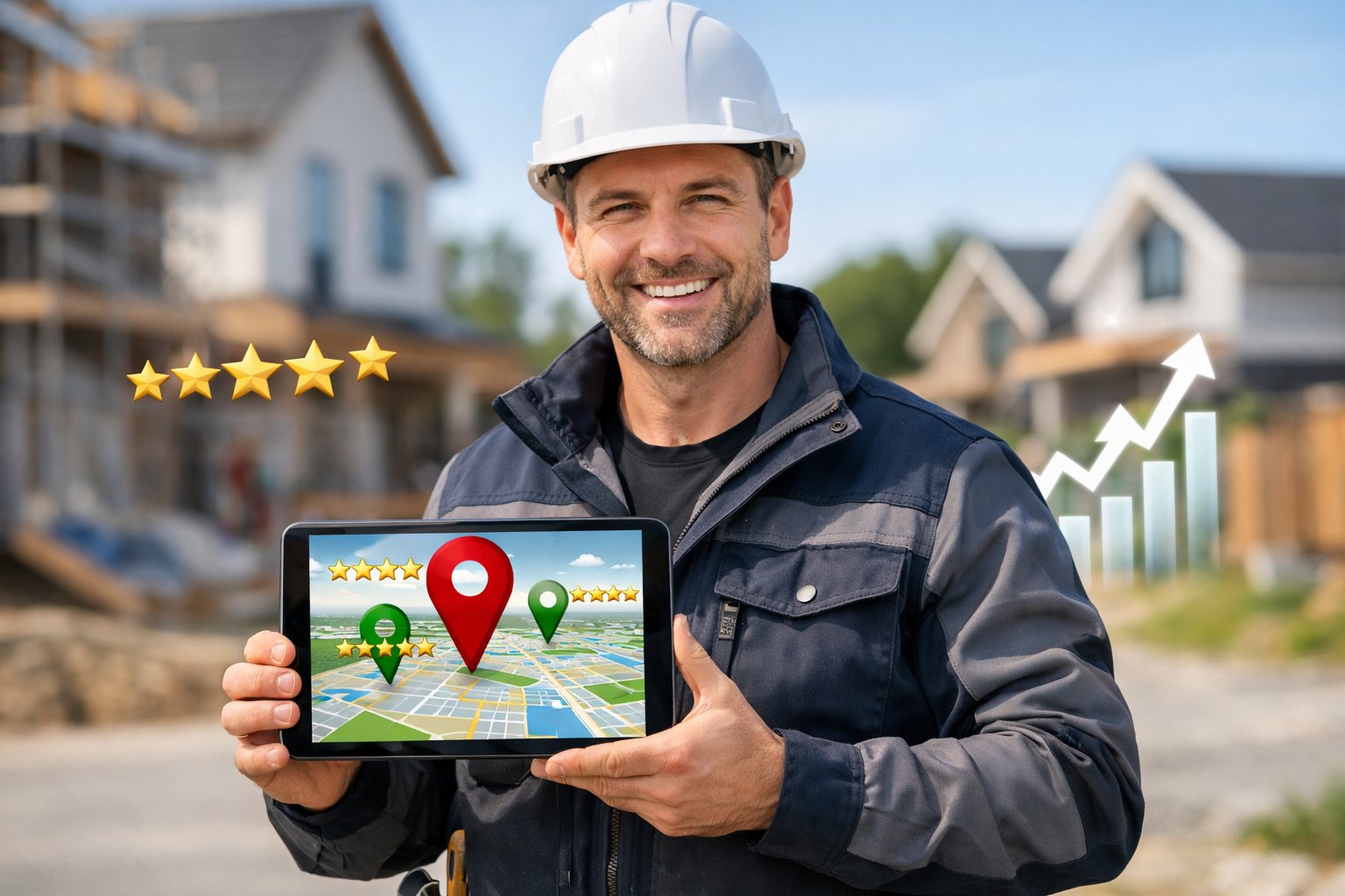A contractor holding a tablet showing a map with star ratings and location pins, standing in front of a residential neighborhood.