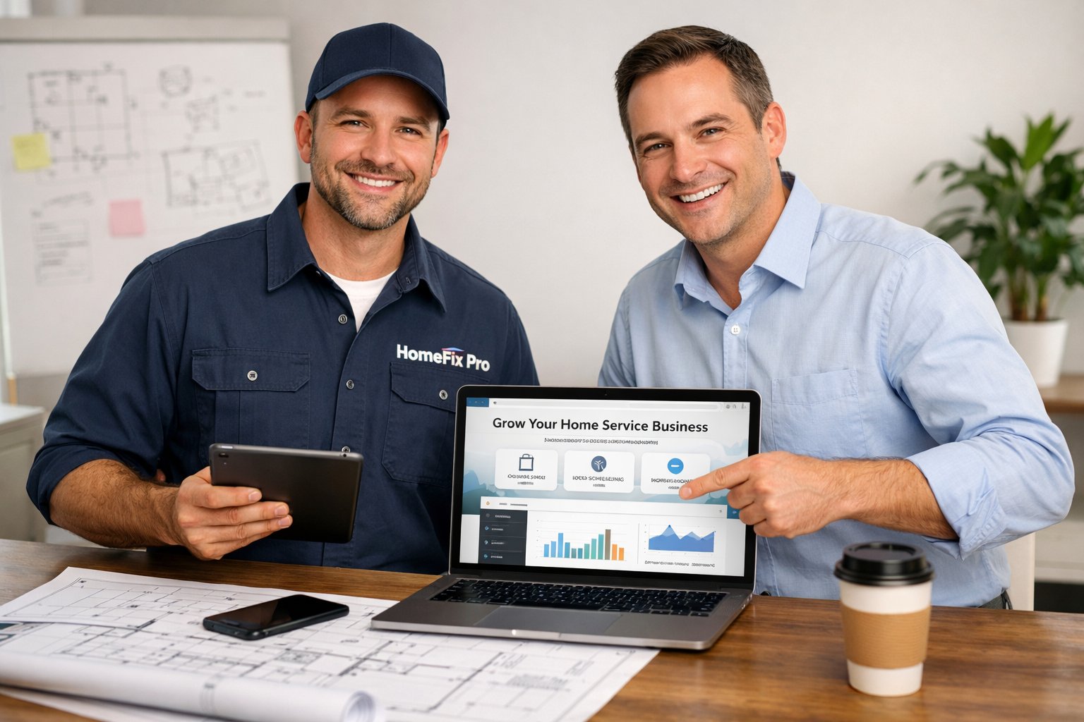 A contractor and home service business owner discussing a website on a laptop in a bright office with blueprints and a smartphone on the desk.