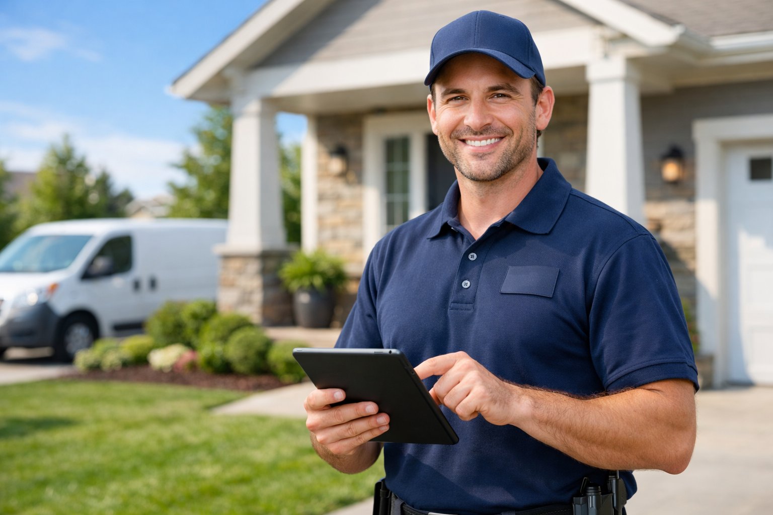 A service professional in uniform stands outside a house holding a digital tablet, ready to assist.