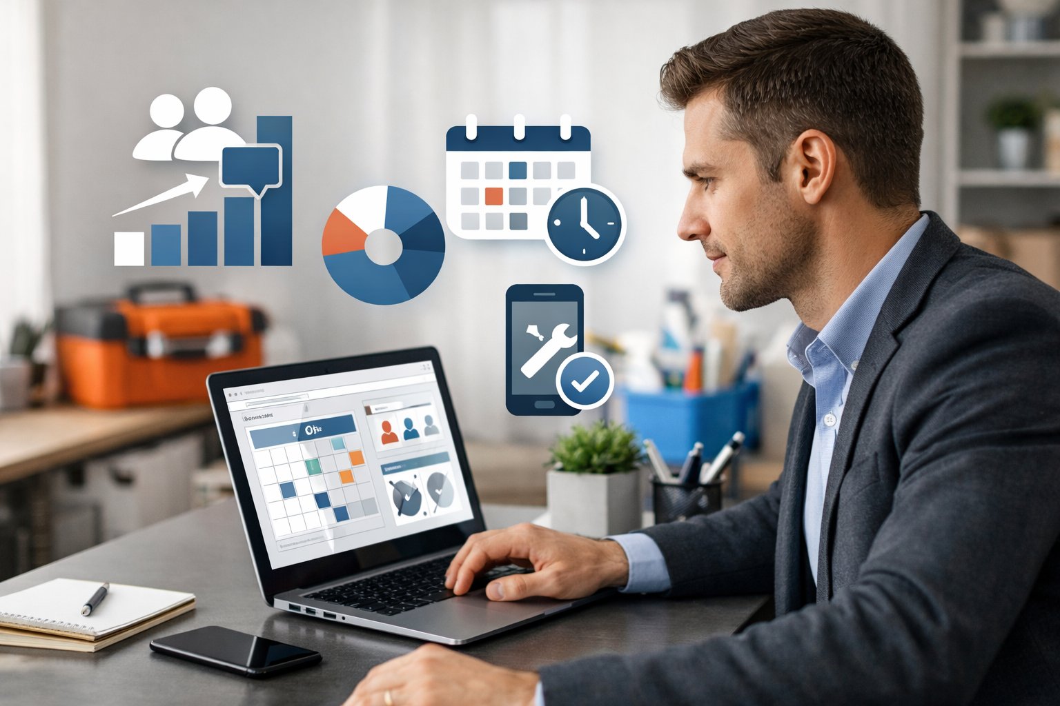 A business professional working at a desk with a laptop, surrounded by charts and home service tools in a bright office.