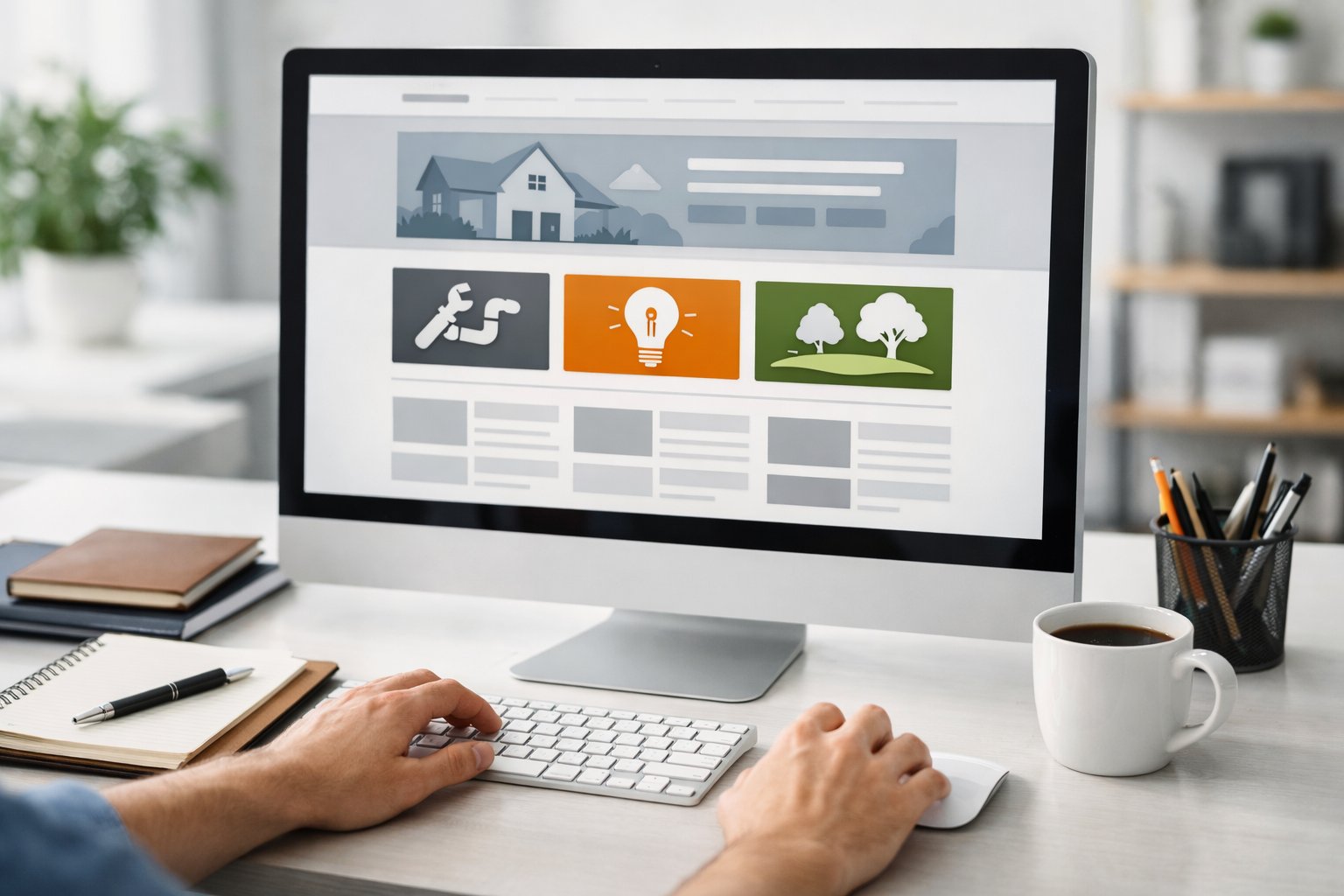 A person working on website design for home service businesses at a bright office desk with a computer and organized workspace.