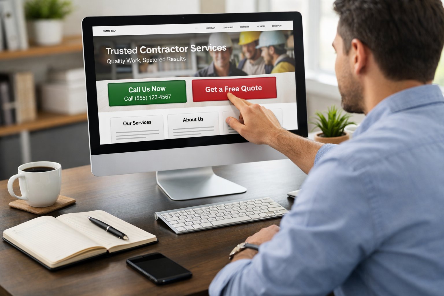 Person working at a desk with a computer showing a contractor website, surrounded by office supplies in a bright office.