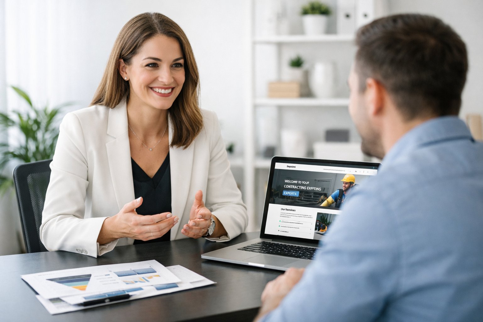 A businesswoman and a client having a friendly discussion in a modern office with a laptop showing a website design.