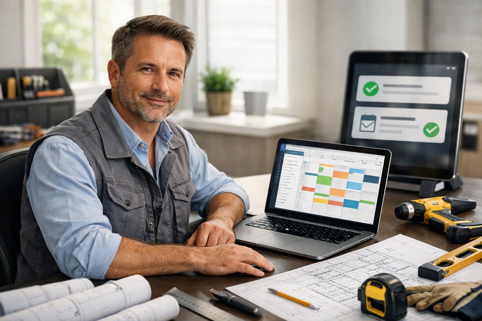 A contractor working at a desk with a laptop and digital devices, surrounded by tools and blueprints in a bright, organized workspace.
