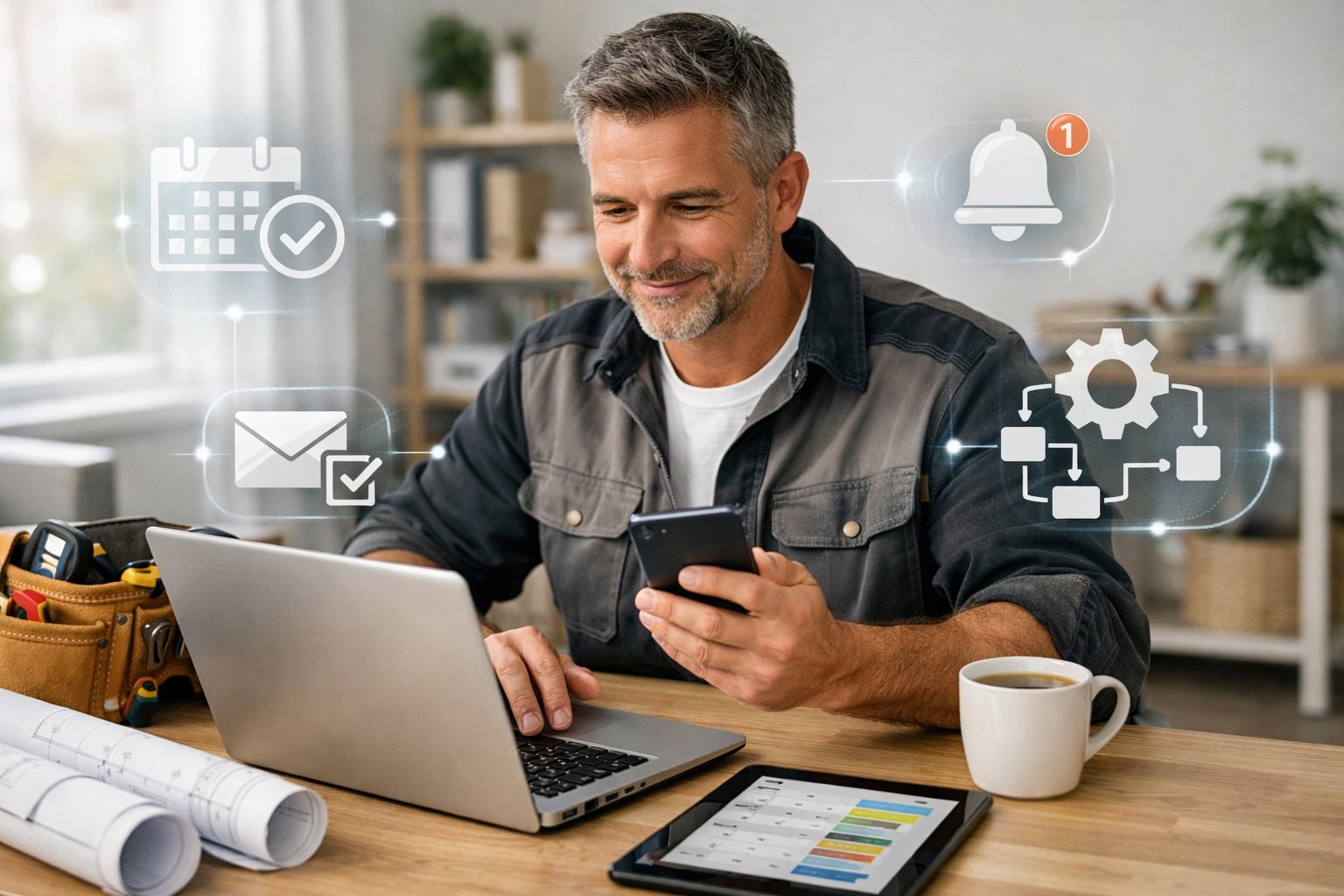 A contractor using a laptop and smartphone in an office with digital icons representing scheduling and automation around them.