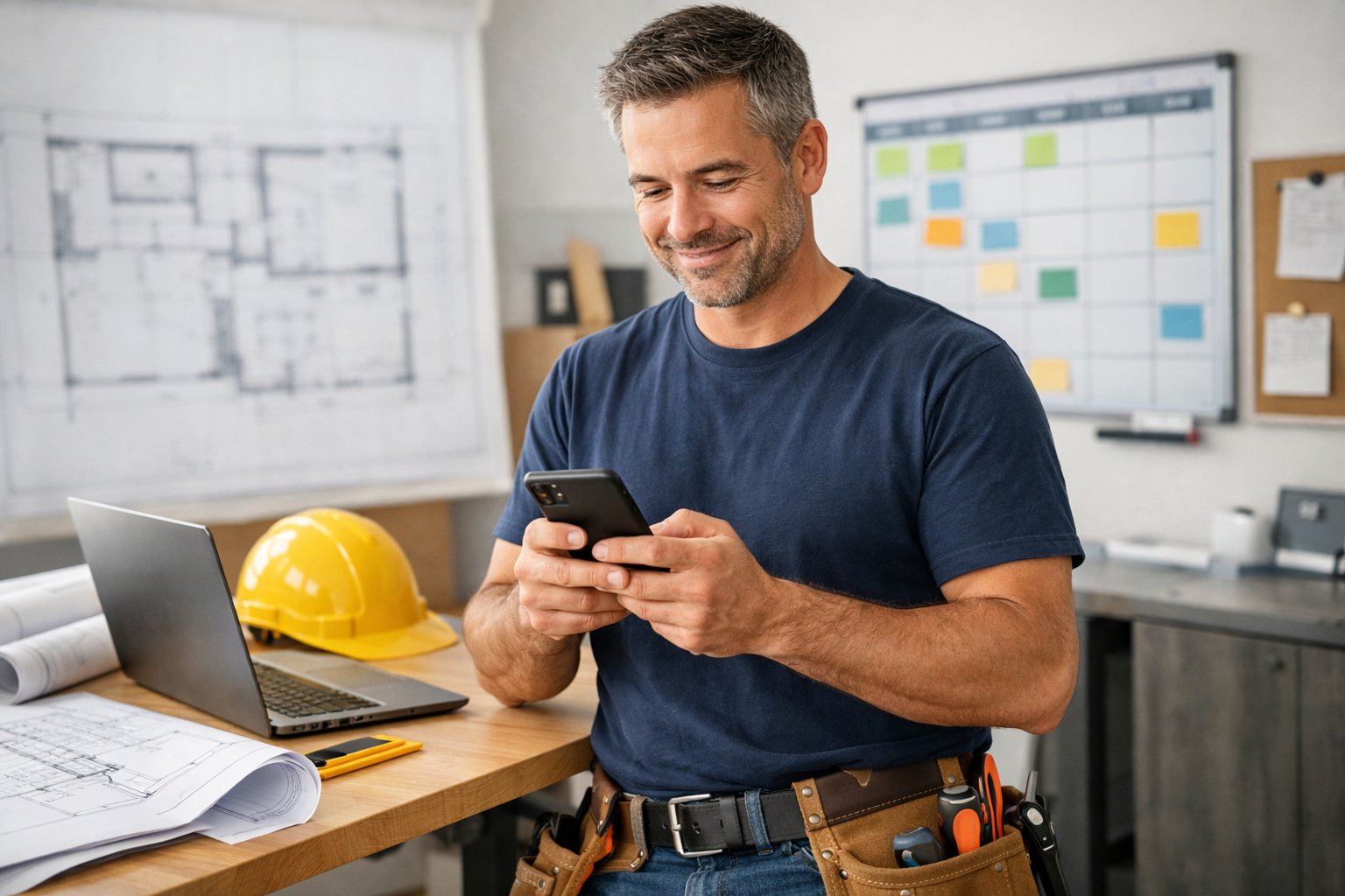 A contractor using a tablet in a workshop with tools and a laptop nearby, looking focused and organized.