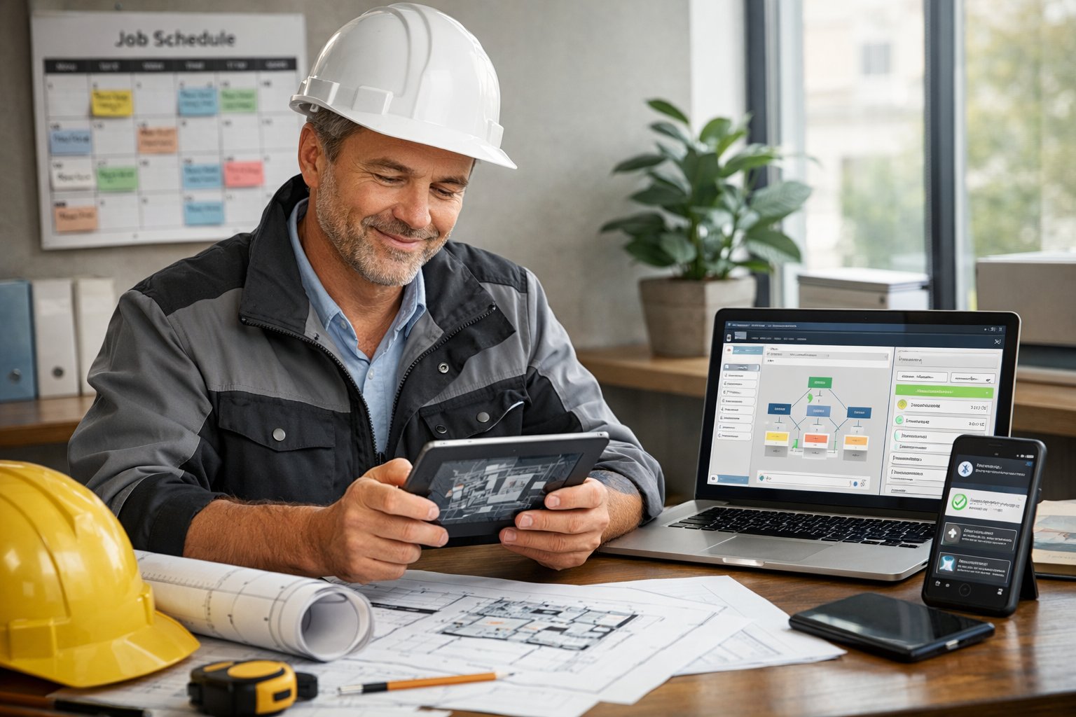 A contractor reviewing project plans on a tablet in an office with tools, blueprints, and a laptop showing software, symbolizing efficient job booking.