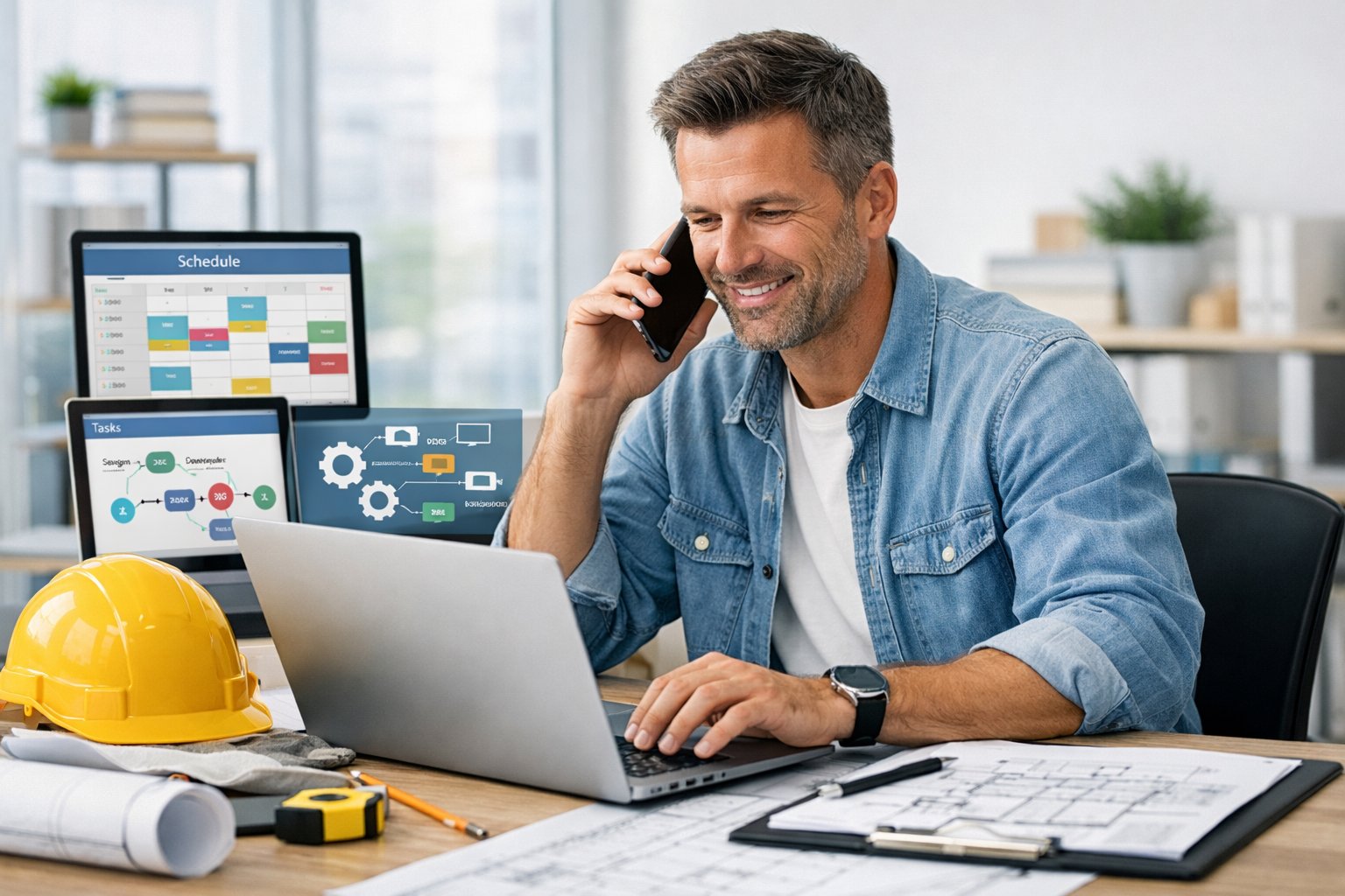 A contractor working at a desk with a laptop and smartphone, managing schedules and planning jobs in a bright office.