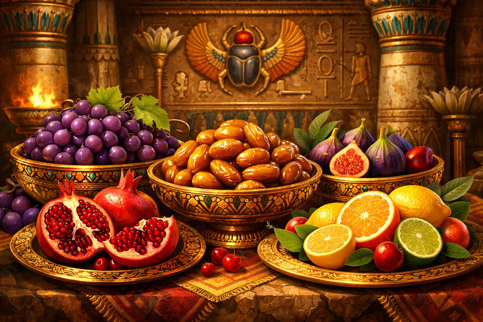 An Arrangement Of Colorful Fruits Like Grapes, Pomegranates, And Figs Displayed On Golden Trays With Ancient Egyptian Decorations In The Background.