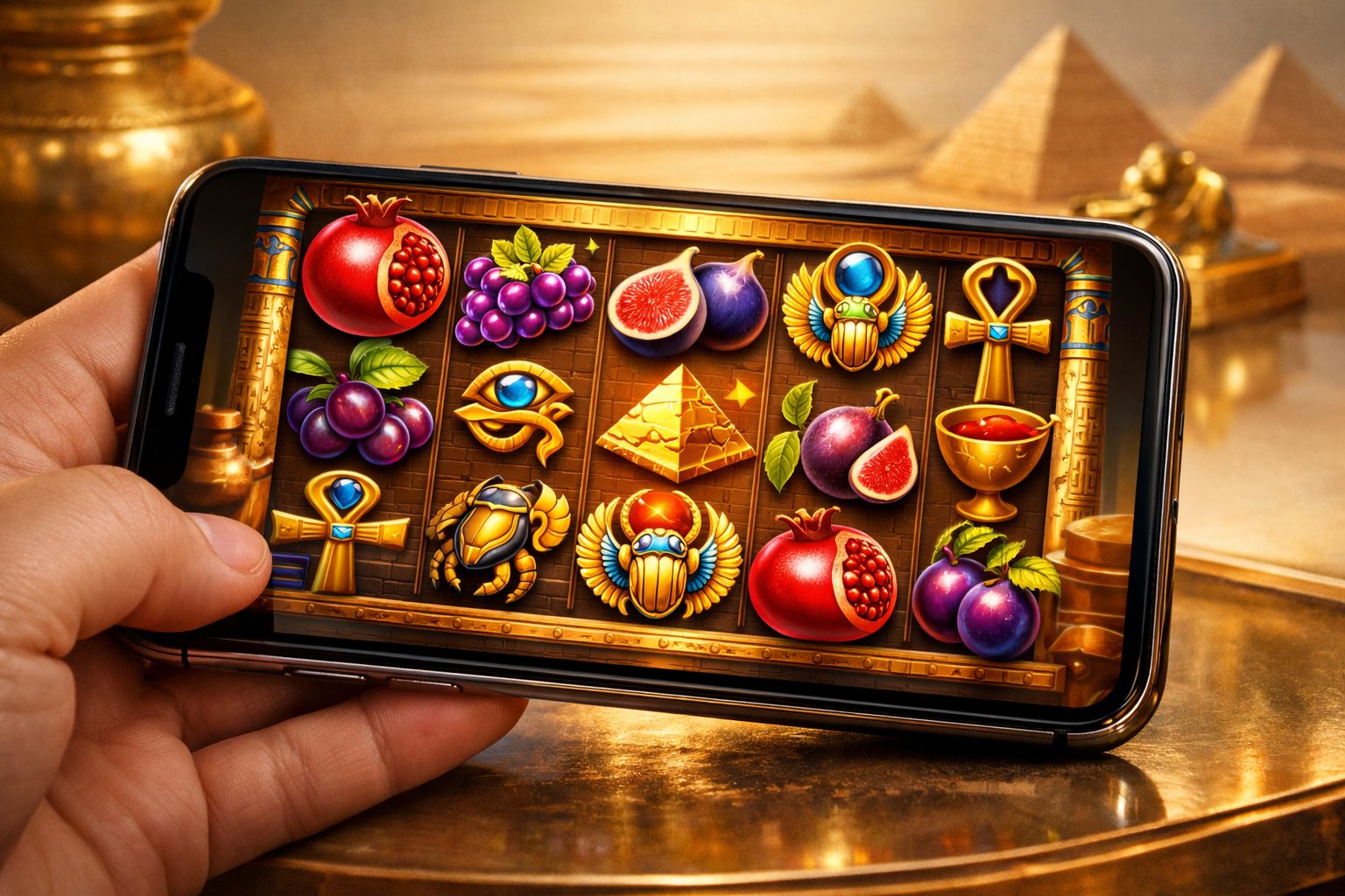 A Mobile Device Showing A Colorful Slot Game Screen With Exotic Fruits And Ancient Egyptian Symbols.
