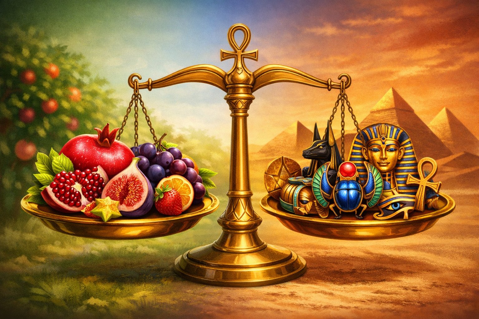 A Balanced Scene Showing Colorful Exotic Fruits On One Side And Ancient Egyptian Symbols On The Other, Connected By A Scale Representing Pros And Cons.