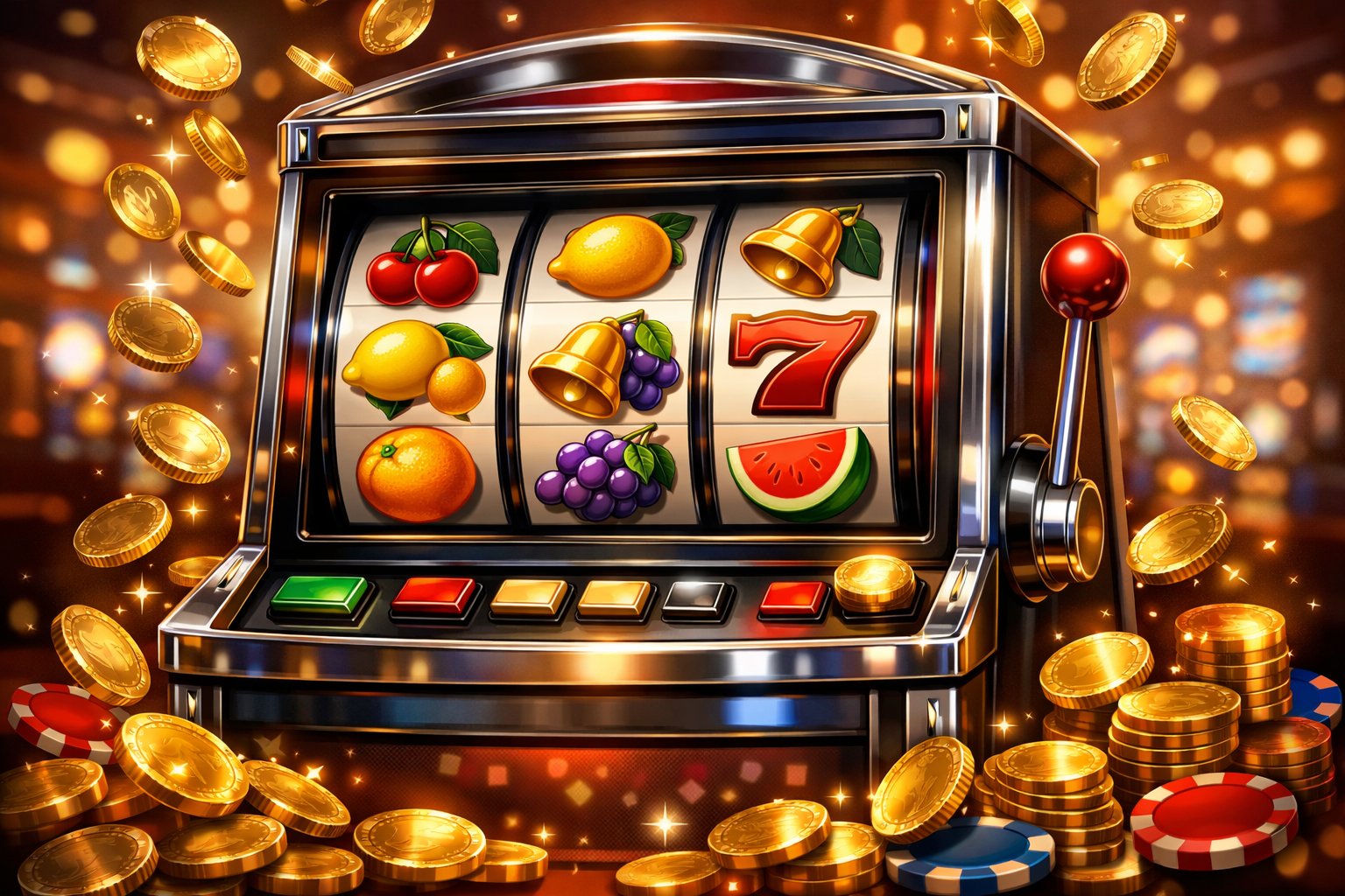 A Colorful Slot Machine With Fruit Symbols On Its Reels And Coins Falling Around It In A Casino Setting.