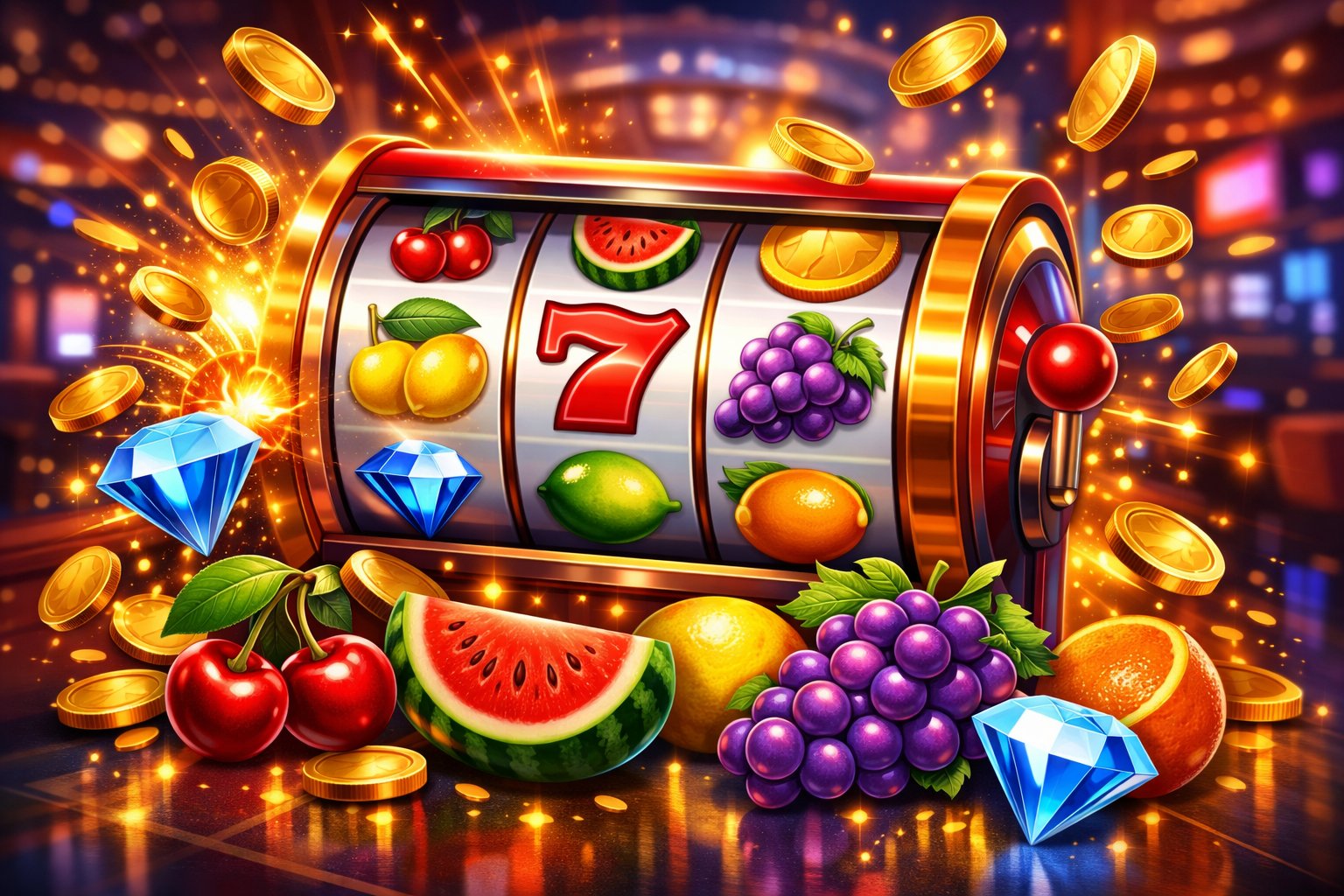 A Colorful Slot Machine With Spinning Reels Showing Fruit Symbols And Coins Falling, Set In A Lively Casino Environment.