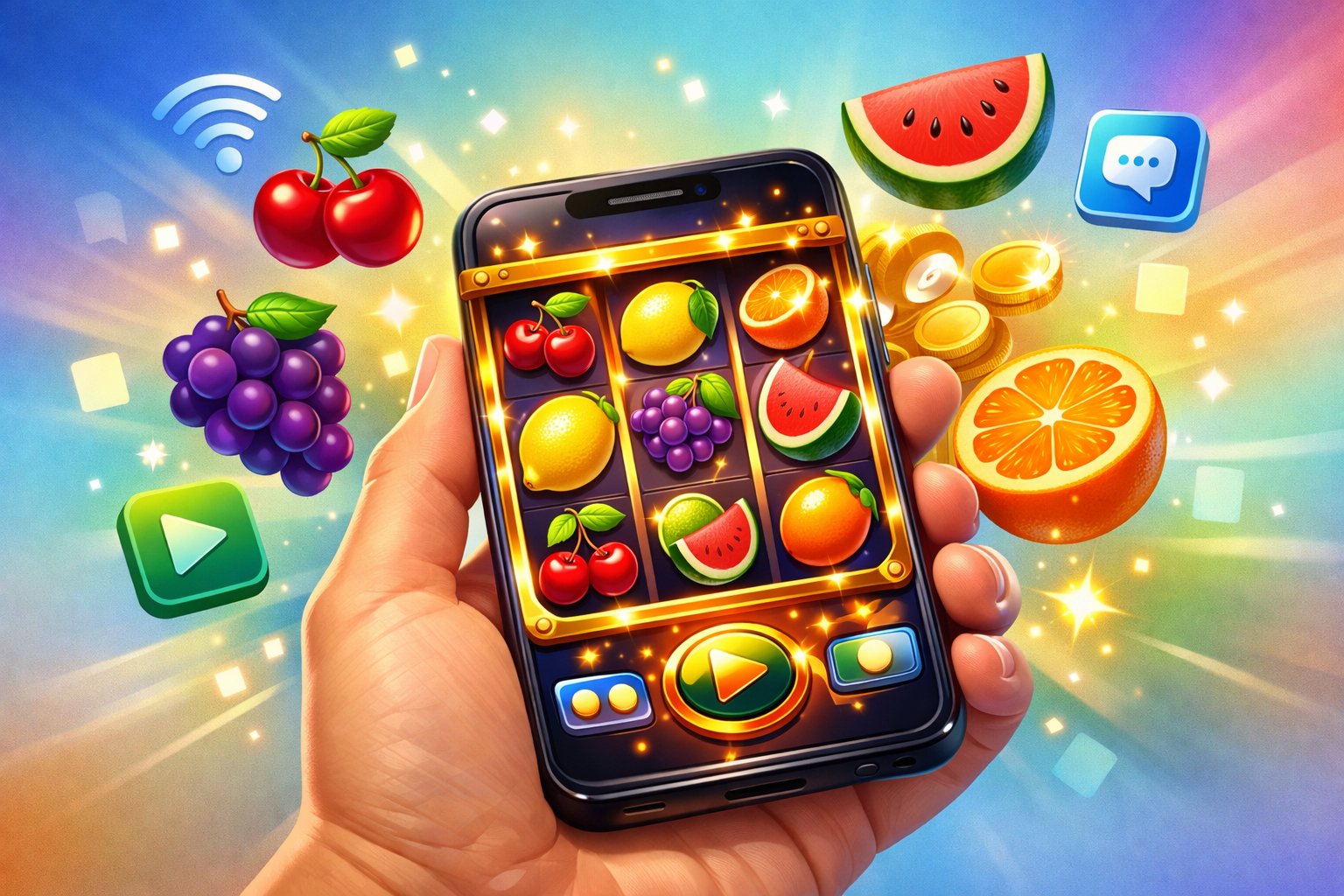 A Hand Holding A Smartphone Showing A Colorful Fruit Slot Game With Various Fruits On The Reels And Digital Icons Around It Representing Mobile Gaming.