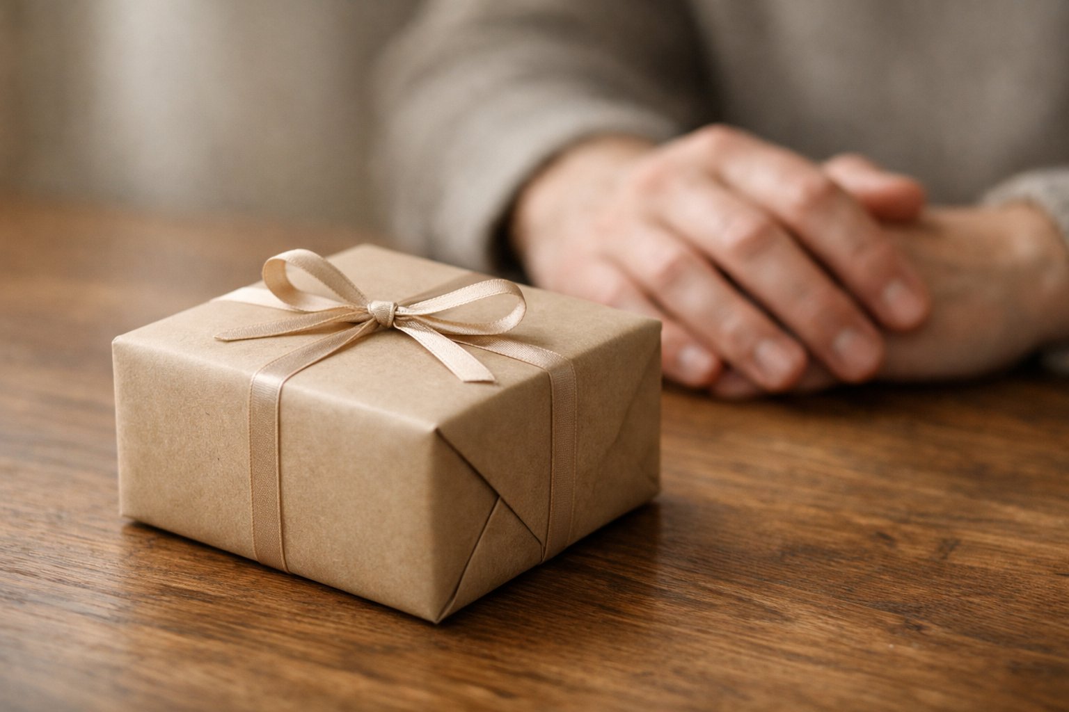 A neatly wrapped gift box with a simple ribbon on a wooden table, with hands resting gently nearby.