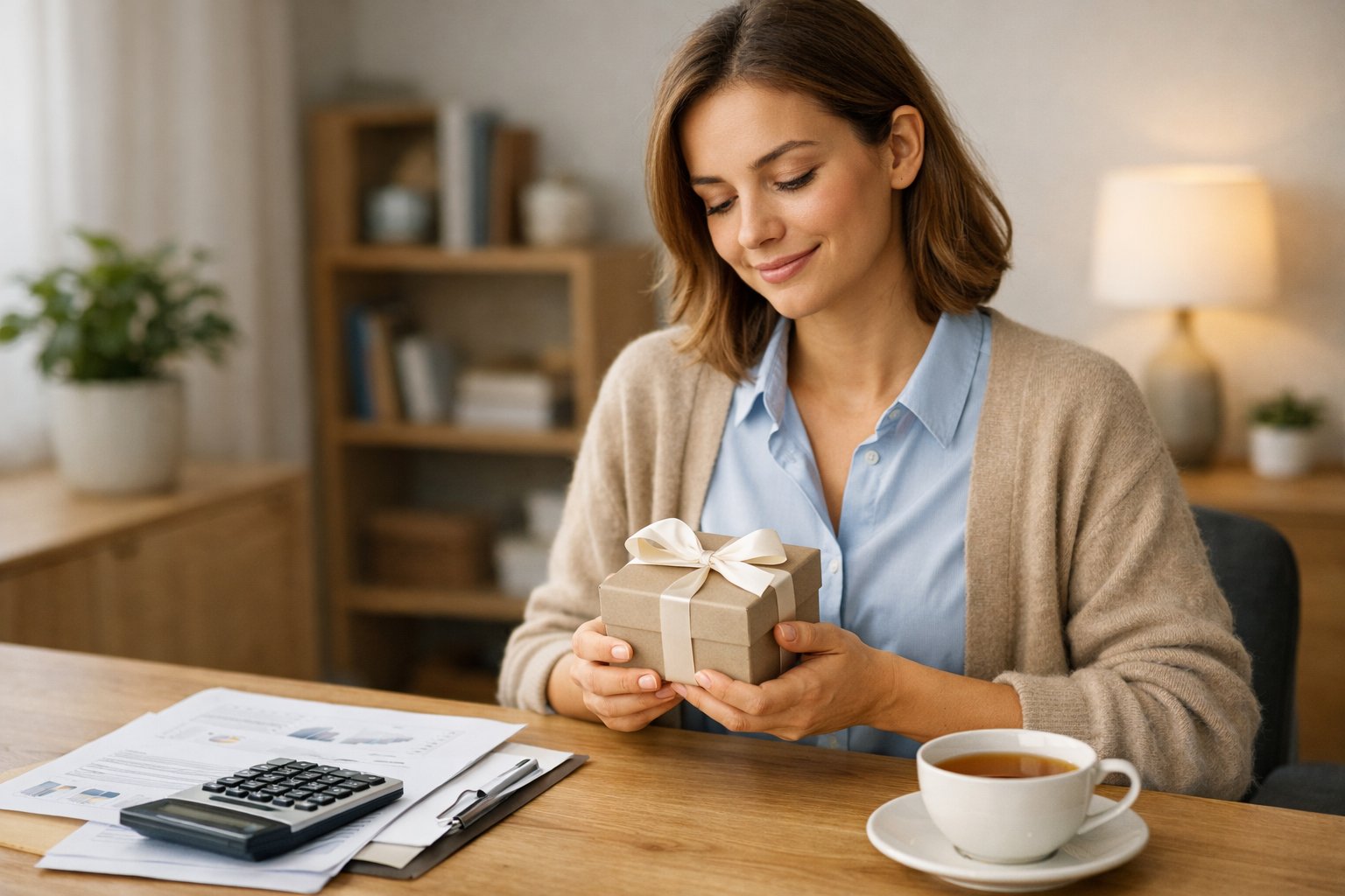 A woman sitting at a desk holding a small gift box, surrounded by financial documents and a cup of tea in a cozy home office.