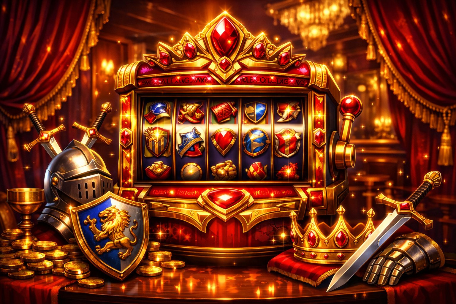 A Casino Slot Machine Decorated With Gold And Red Gems Surrounded By Swords, Shields, And Crowns Inside A Luxurious Casino Setting.