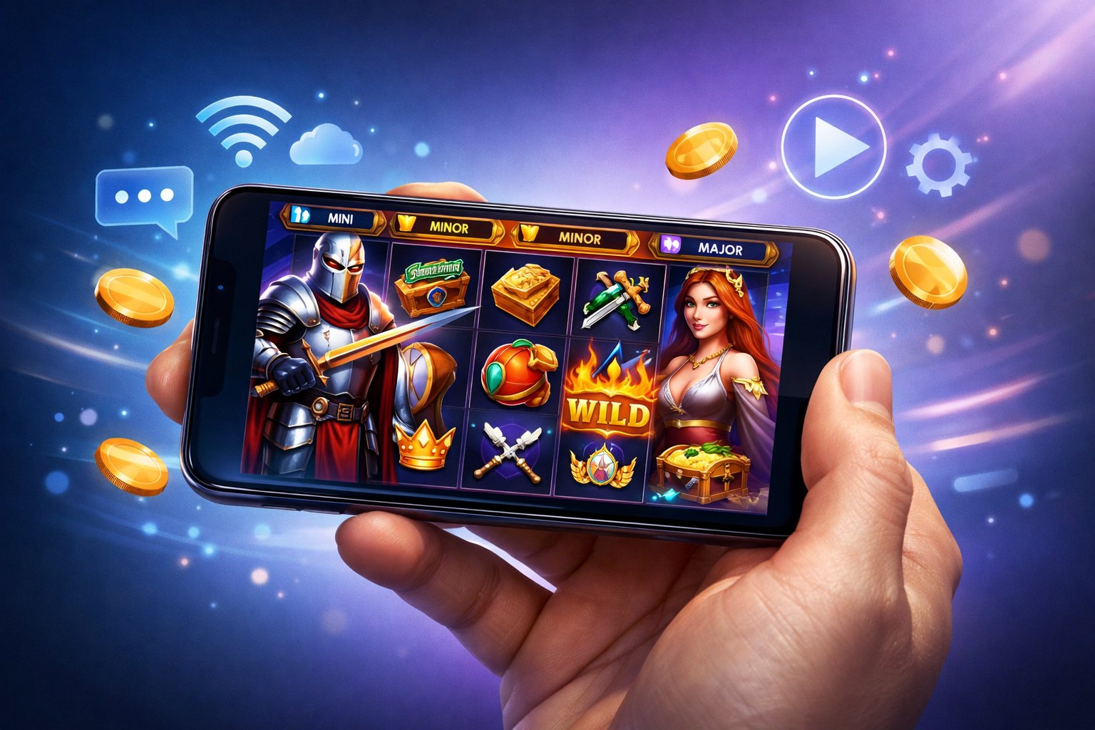 A Hand Holding A Smartphone Displaying A Colorful Slot Game Screen With Digital Icons Around It Symbolizing Mobile Gaming Compatibility.