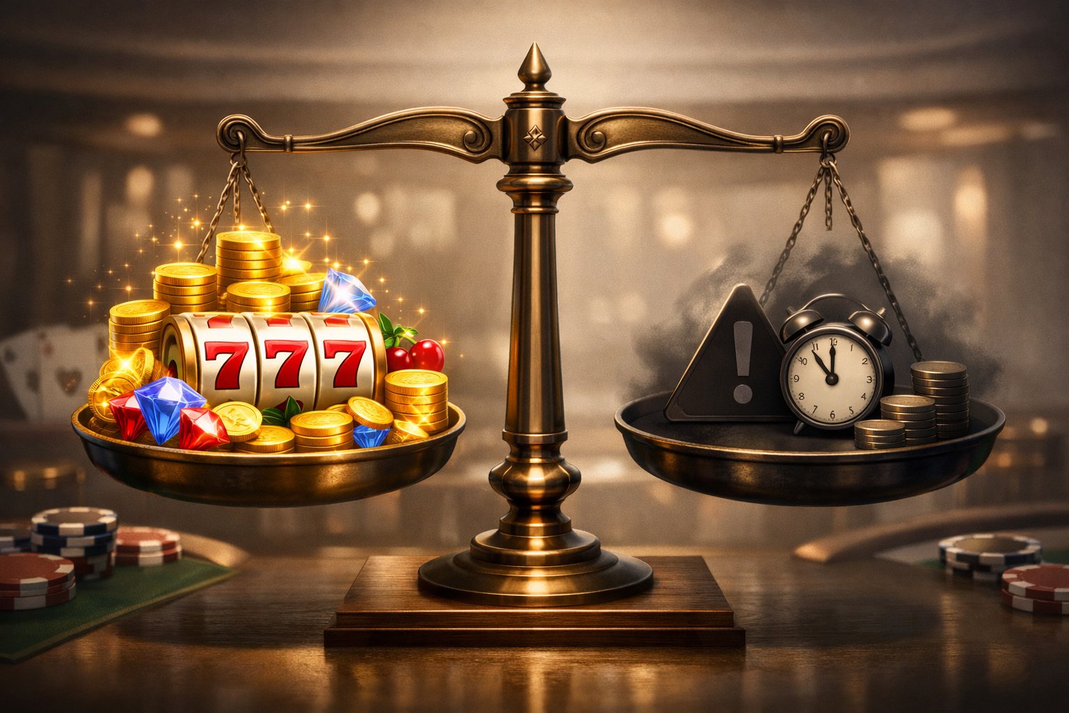 A Balanced Scale With Symbols Of Rewards On One Side And Caution Icons On The Other, Set In A Casino Environment.