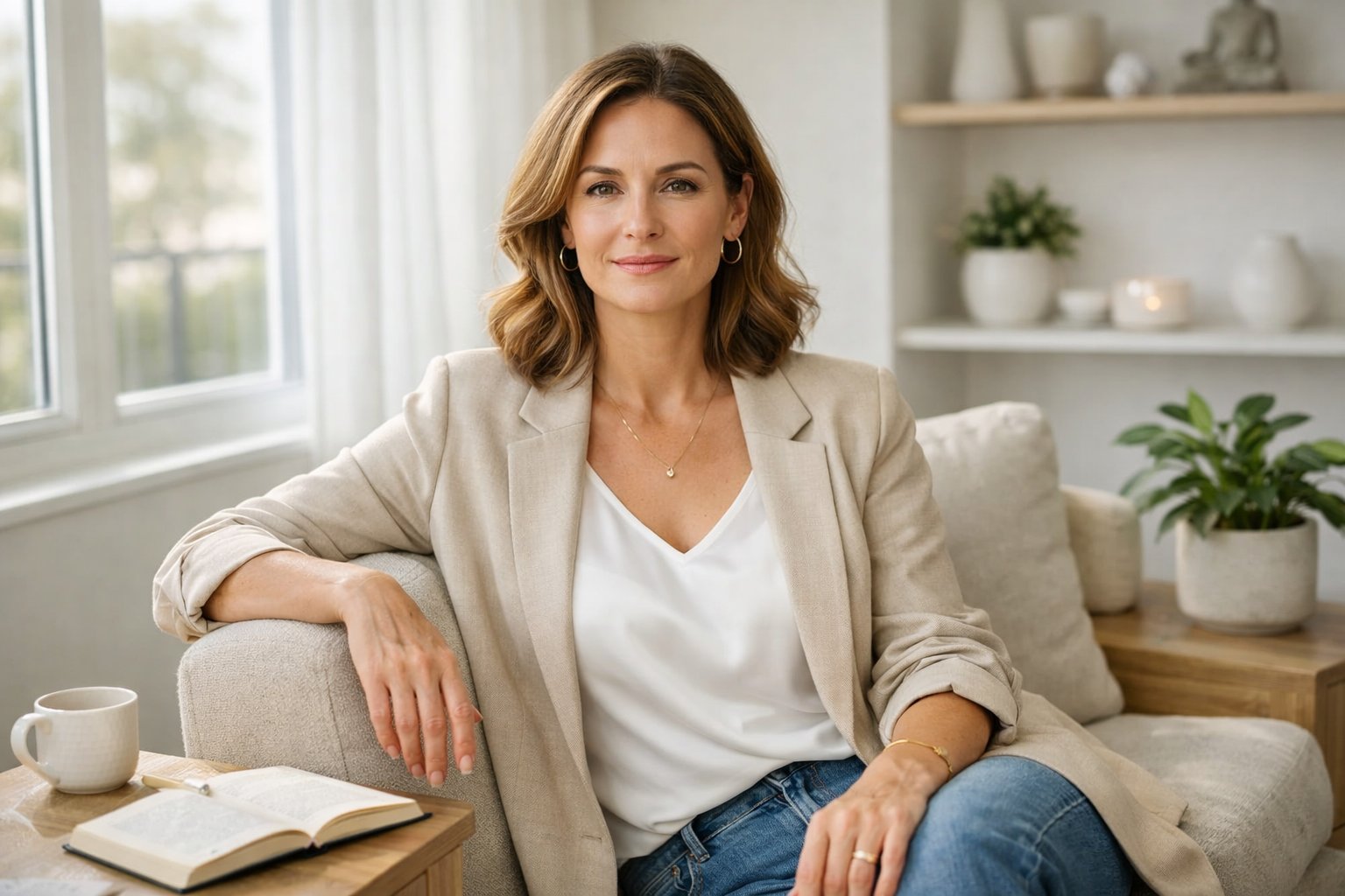 A confident woman sitting comfortably in a bright room, looking calm and self-assured.