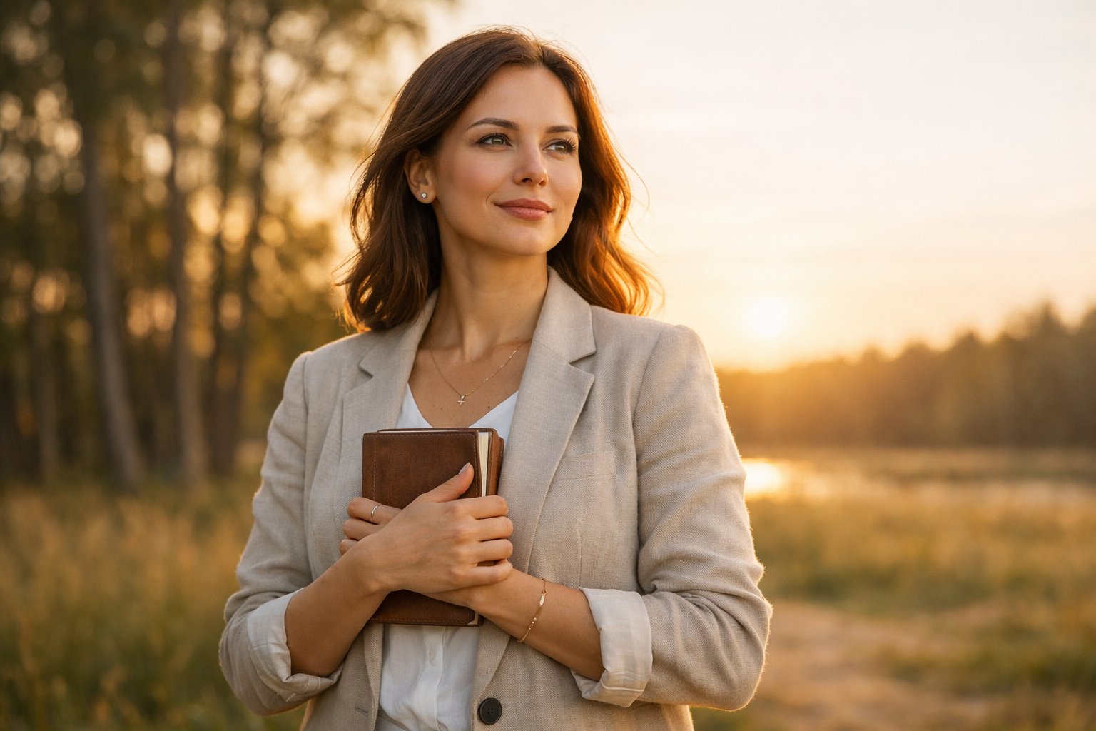 A young woman stands outdoors in a peaceful natural setting, looking calm and confident with a gentle smile.