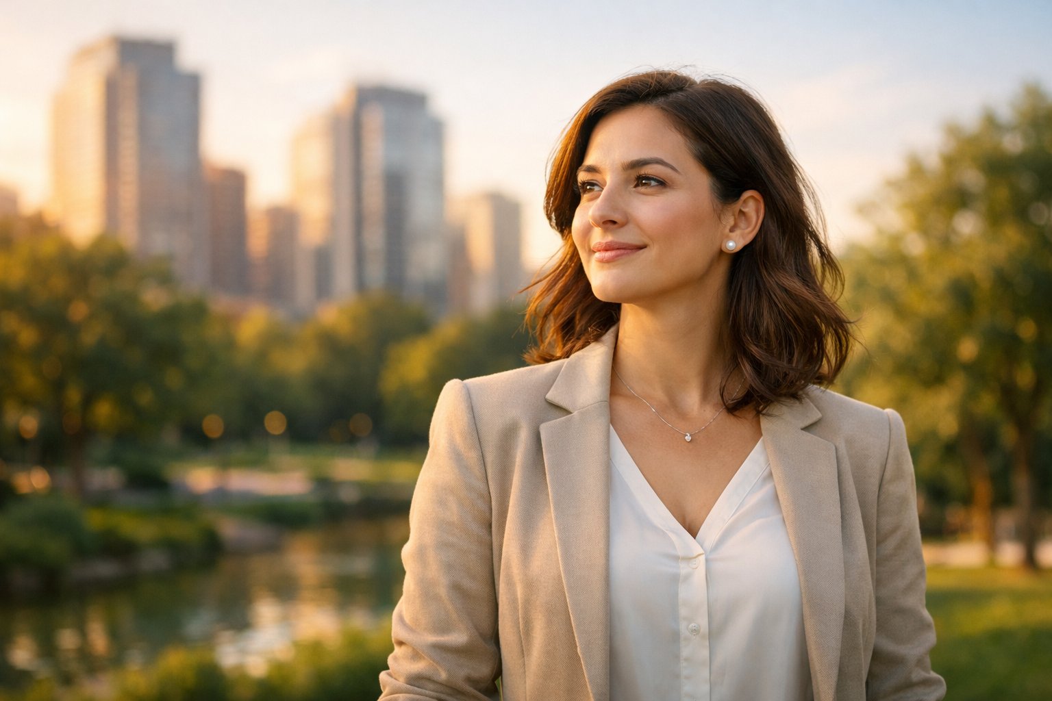 A young woman standing thoughtfully in a park with city buildings in the background, looking hopeful and confident.