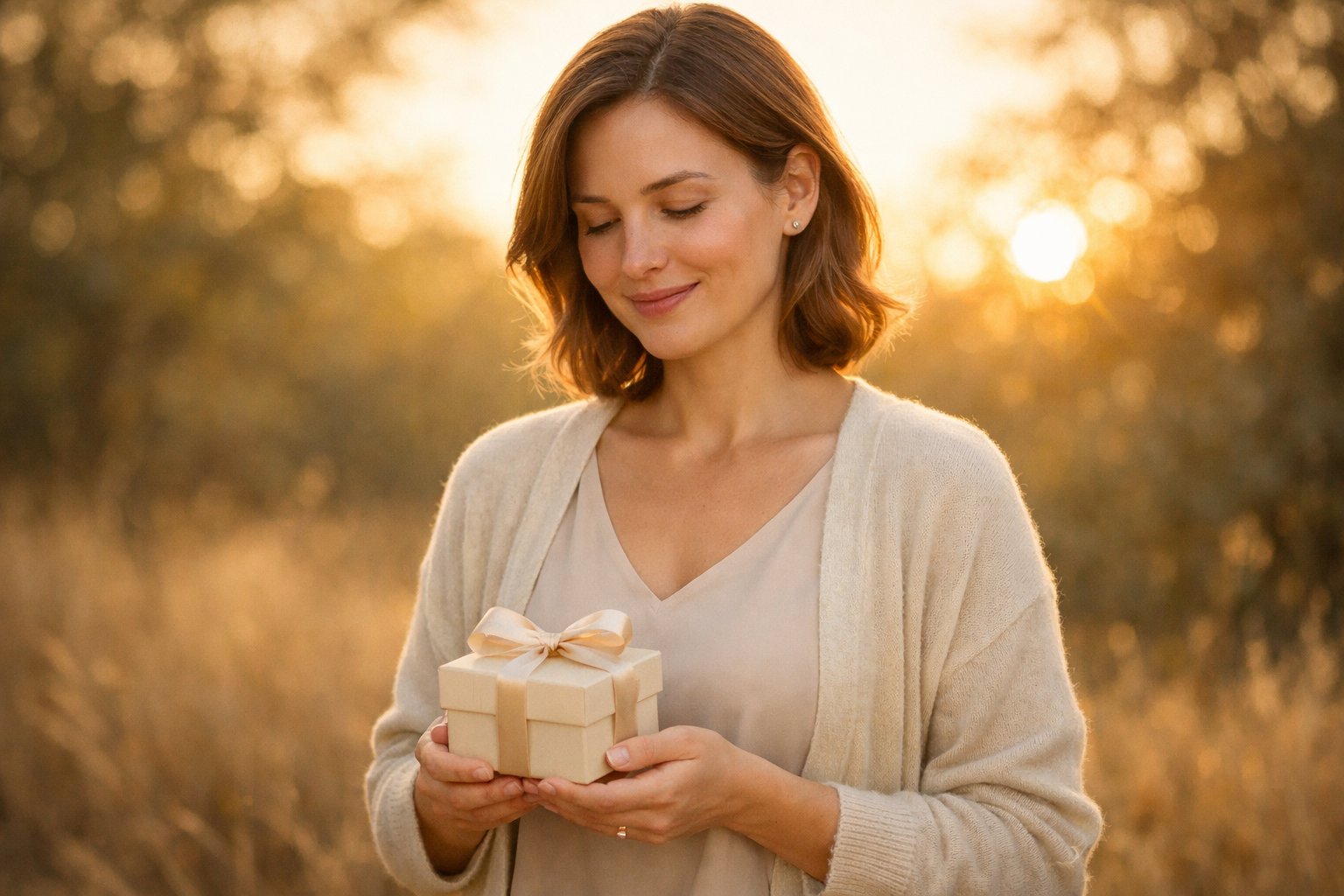 A woman outdoors holding a small wrapped gift, smiling gently with a peaceful expression in warm natural light.