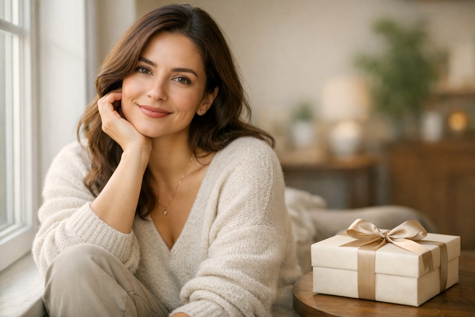 A woman sitting by a window with a gentle smile and a gift box on a nearby table.