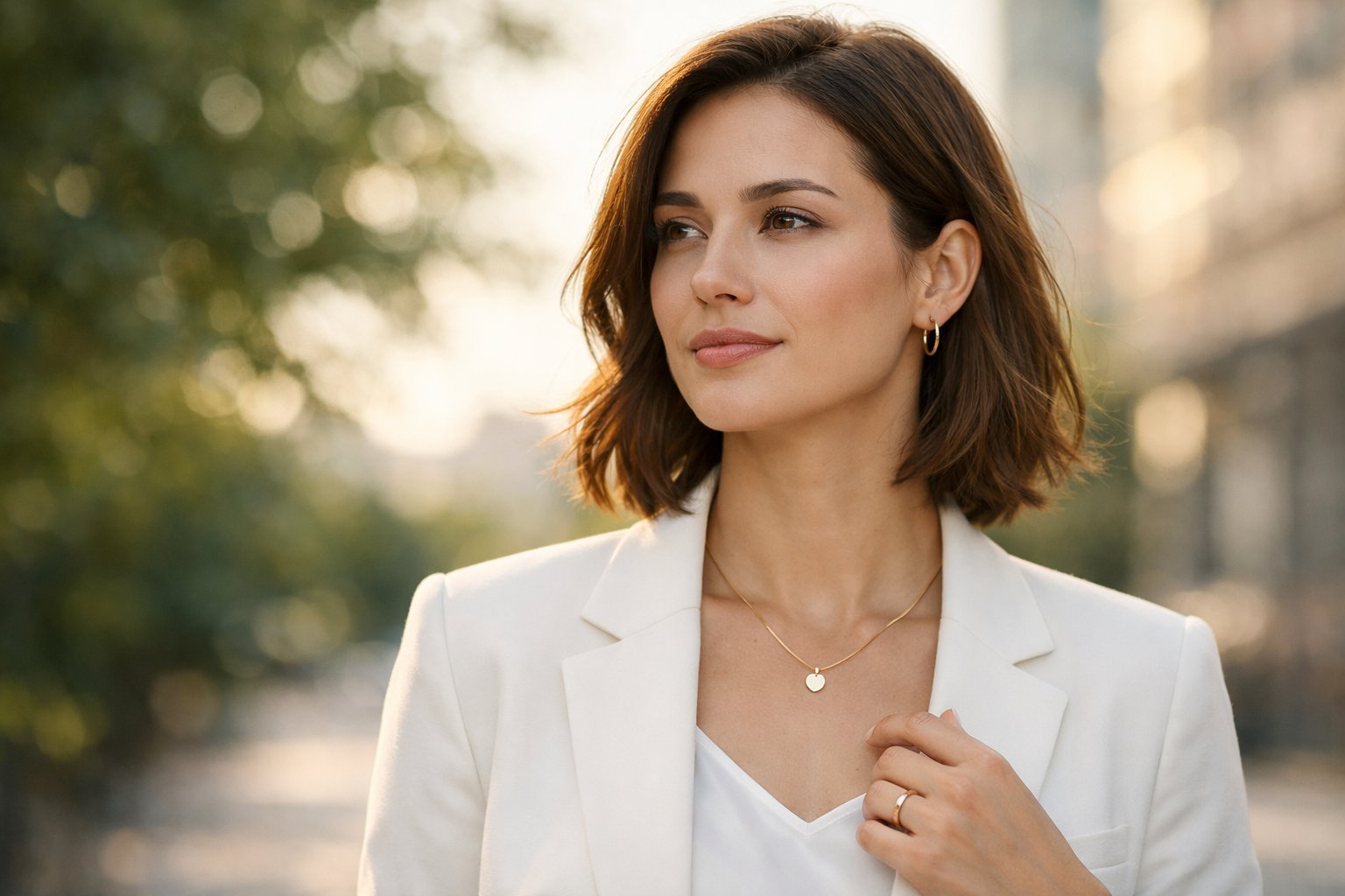 A confident woman wearing simple elegant jewelry stands outdoors with a calm expression, looking away from the camera.