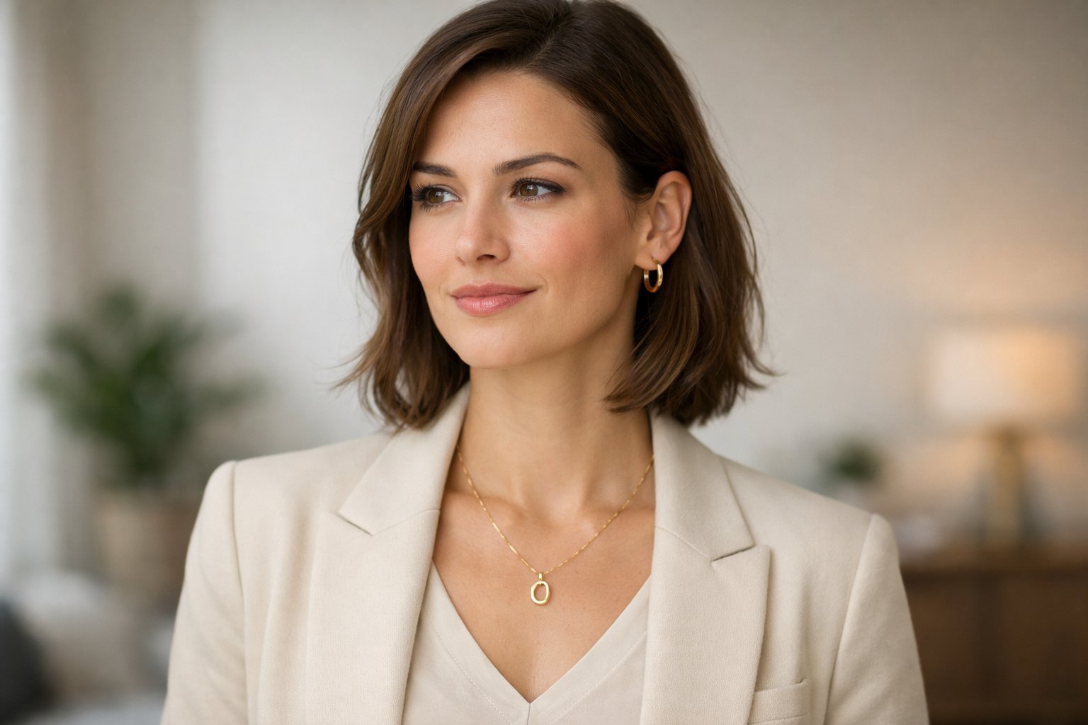 A confident woman wearing simple gold jewelry stands indoors with a calm expression, symbolizing self-assurance.