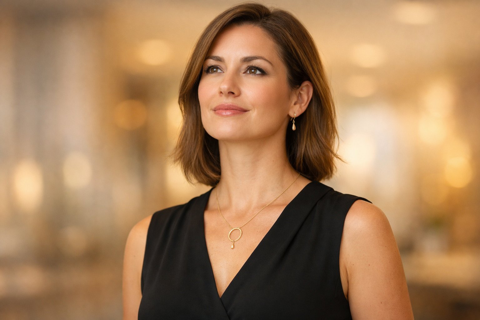 A confident woman wearing simple gold jewelry stands alone indoors, looking serene and empowered.