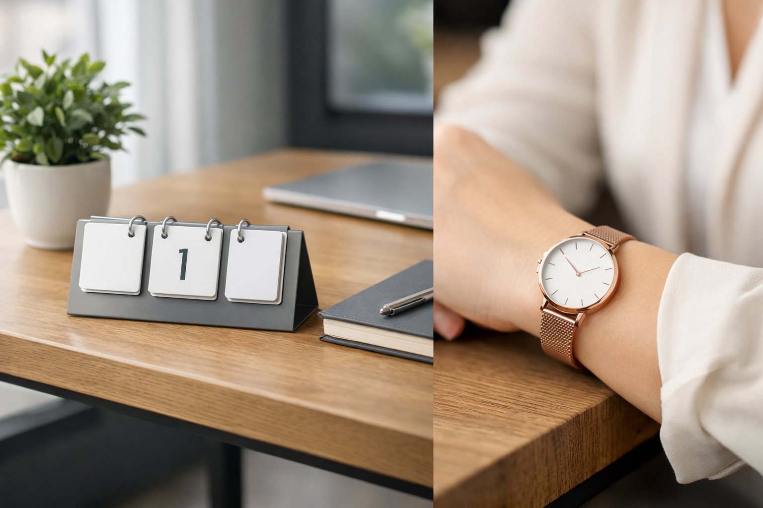 A woman’s wrist wearing a simple bracelet next to a clean office desk with a daily reminder item and a small plant.