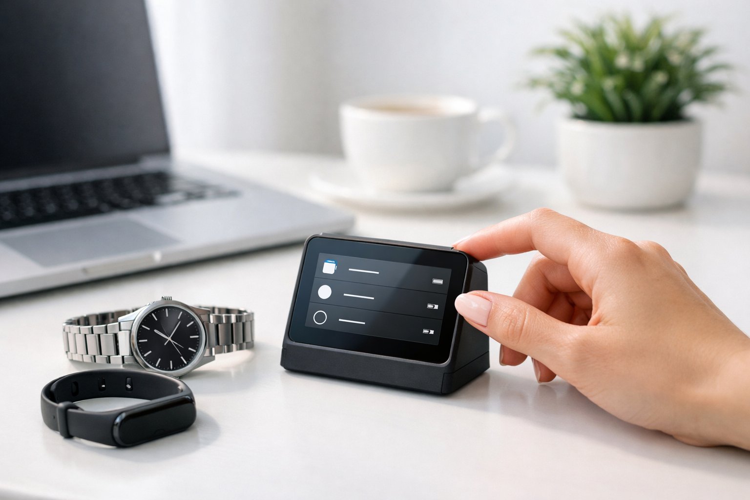 A woman's hand reaching toward a digital desk reminder device next to a wristwatch and fitness tracker on an office desk with a laptop and plant in the background.