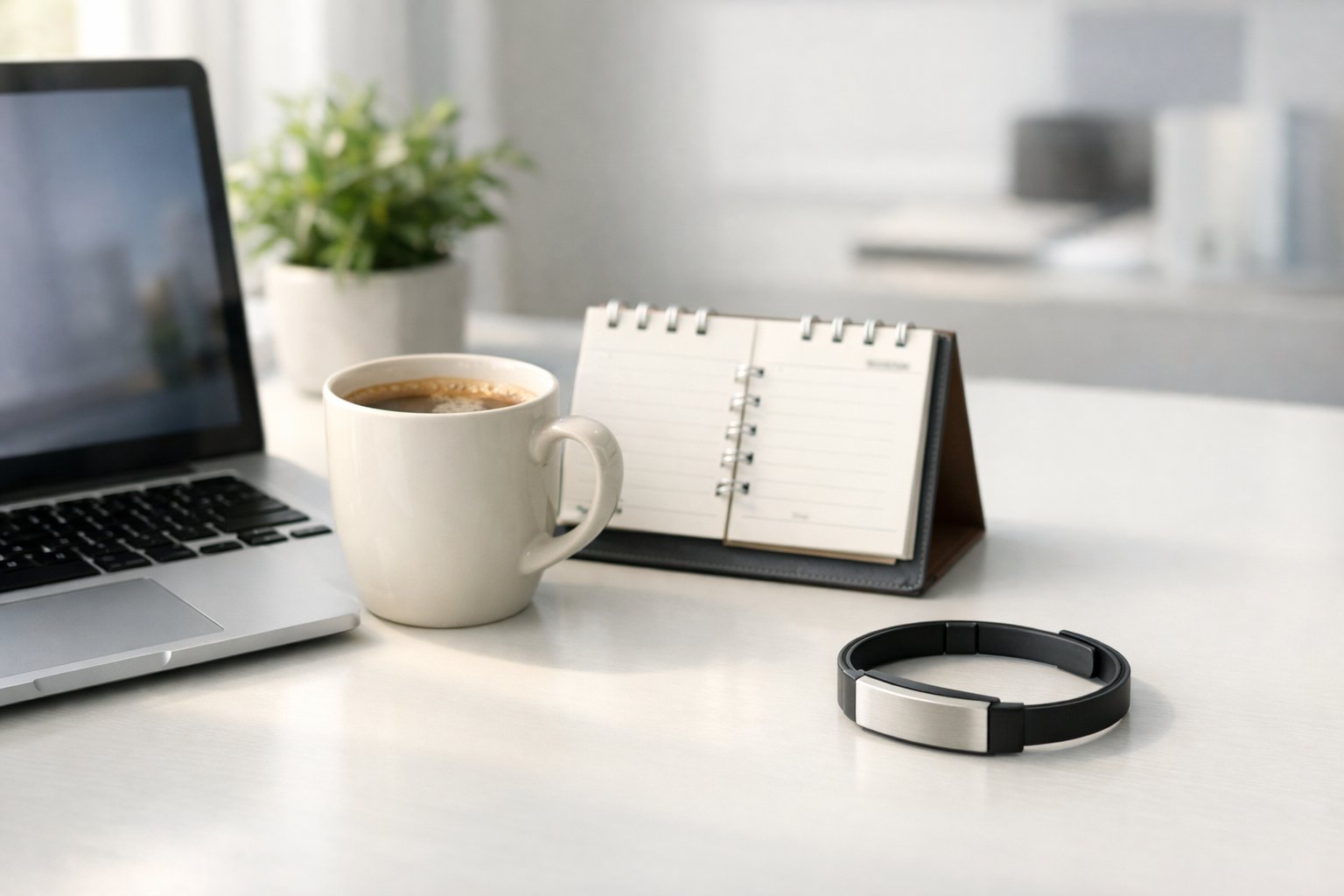 A modern office desk with a laptop, coffee mug, open planner, and a stylish bracelet resting on the desk near a small potted plant.