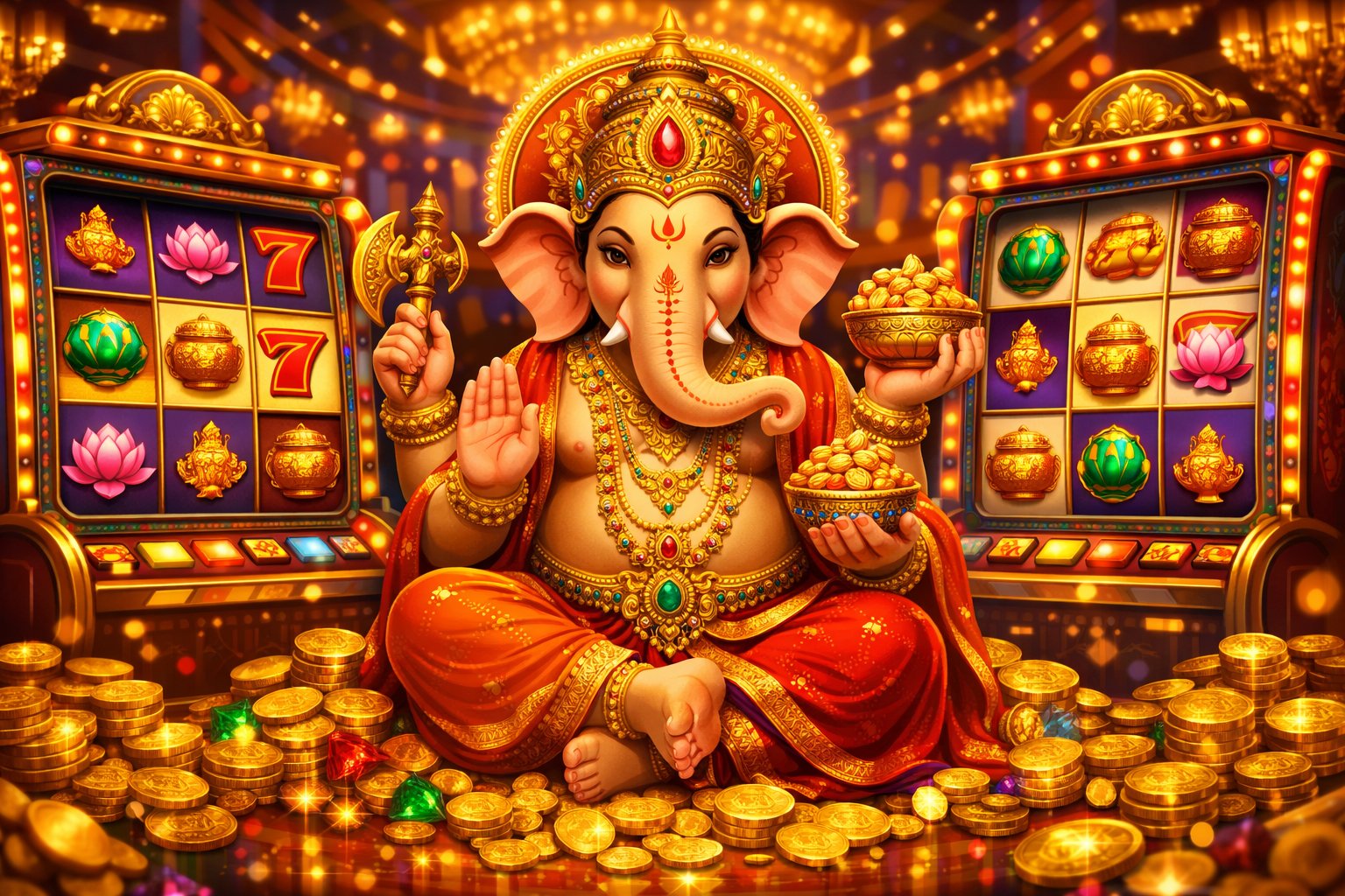 Lord Ganesha Sitting Surrounded By Colorful Slot Machine Reels And Gold Coins In A Vibrant Casino Setting.
