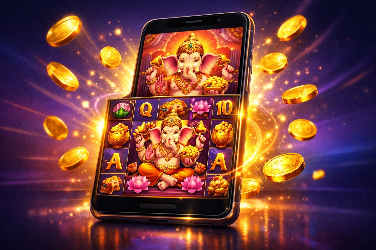 A Mobile Device Displaying A Colorful Slot Game With GaneshaThemed Symbols And Floating Golden Coins Around It.
