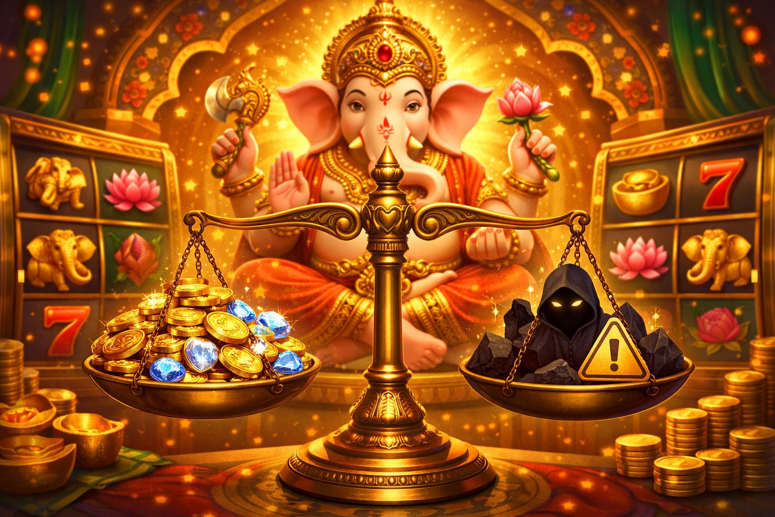 A Balanced Scale With Coins And Gems On One Side And Caution Symbols On The Other, With Lord Ganesha Sitting Peacefully In The Background Surrounded By Slot Machine Symbols.