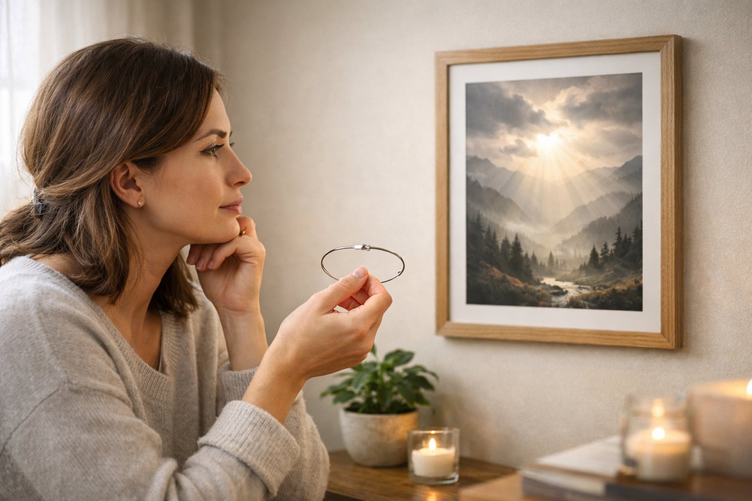 A young woman sitting indoors, holding a bracelet and looking at a framed wall print, appearing thoughtful.
