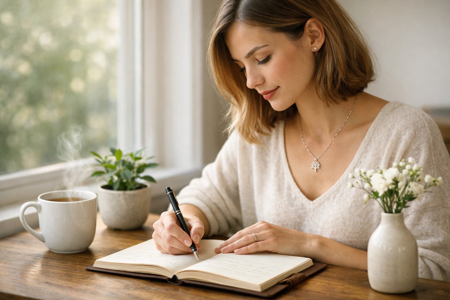 A woman journaling at a wooden desk by a window, wearing a delicate necklace with a leaf pendant, surrounded by a cup of tea and a small plant.