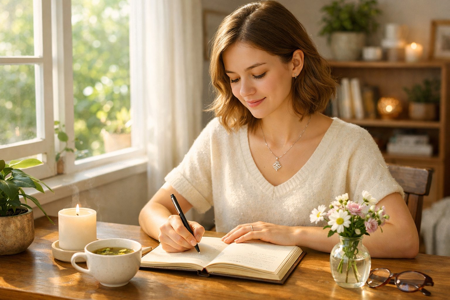 A woman journaling at a wooden desk by a window, wearing a necklace with a leaf pendant, surrounded by self-care items like a candle, tea, and flowers.