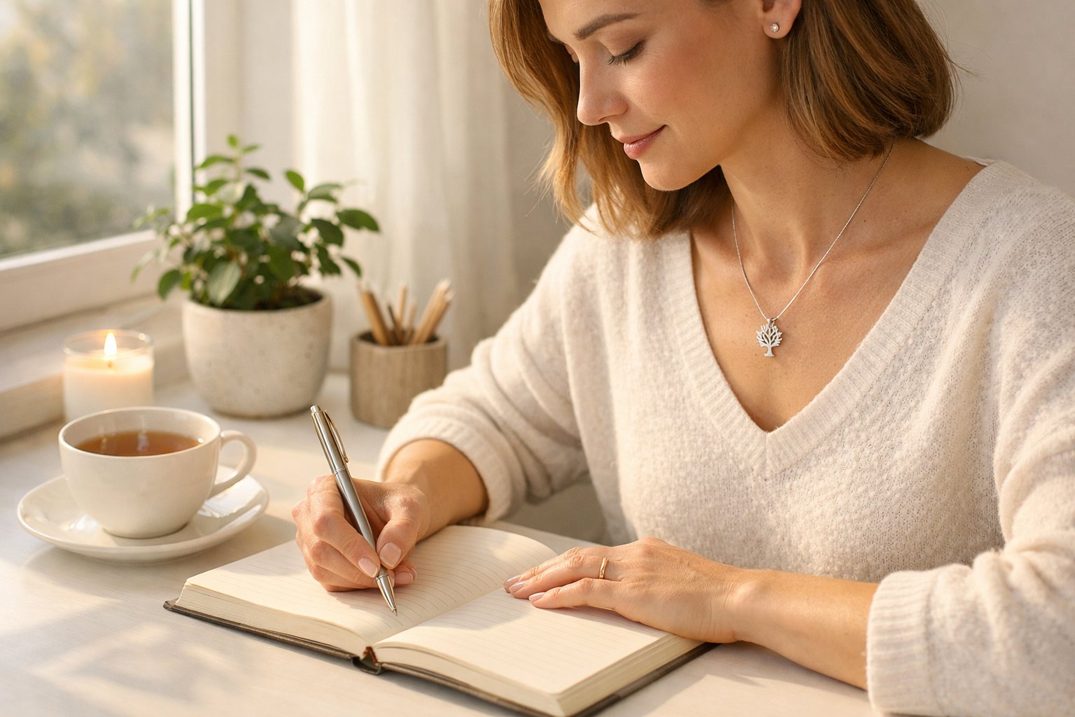 A woman writing in a journal at a desk by a window, wearing a delicate necklace, with a cup of tea and a plant nearby.