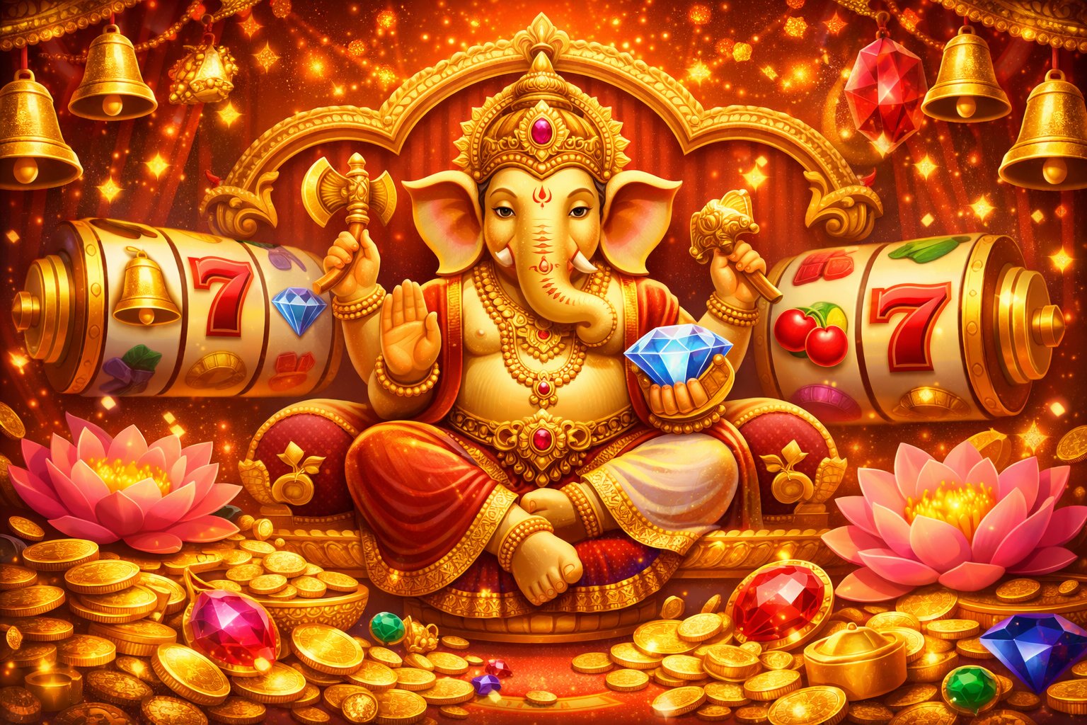 A Golden Statue Of The ElephantHeaded God Ganesha Seated On A Decorated Throne Surrounded By Gold Coins, Lotus Flowers, And Jewels With Warm Glowing Colors In The Background.
