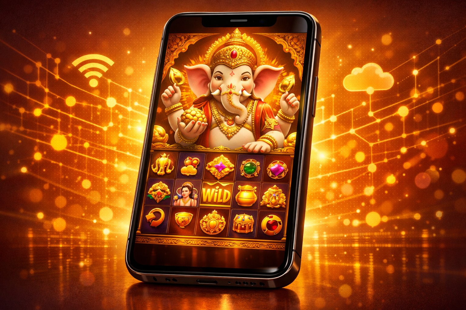 A Smartphone Showing A Colorful Slot Game Screen With An Image Of Lord Ganesha And Gold Coins, Surrounded By Digital Elements Symbolizing Mobile Connectivity.