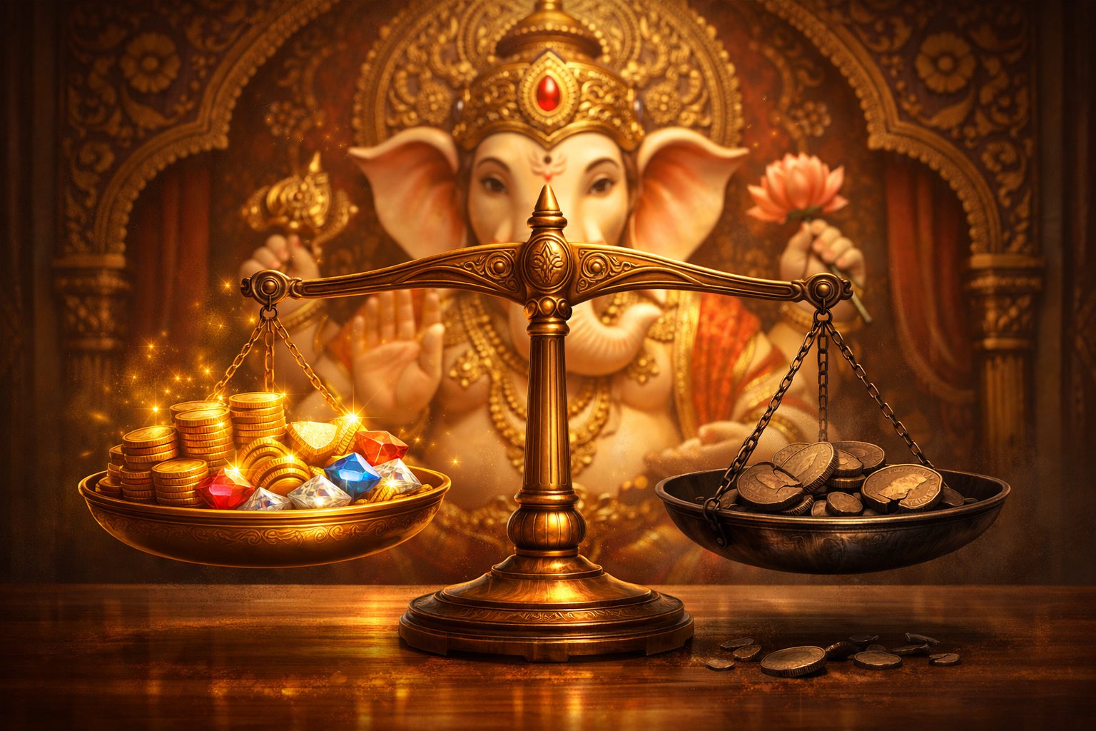A Balanced Scale With Golden Coins And Gems On One Side And Cracked Coins On The Other, With A Stylized Figure Of Ganesha In The Background.
