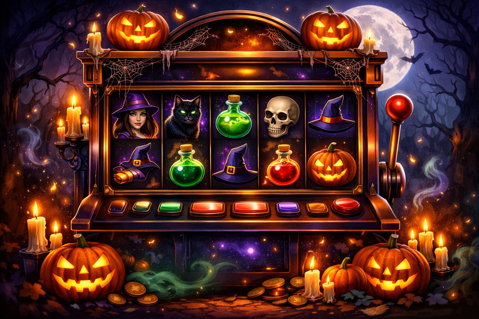 A HalloweenThemed Slot Machine Surrounded By Pumpkins, Bats, Cobwebs, And Spooky Trees Under A Full Moon.