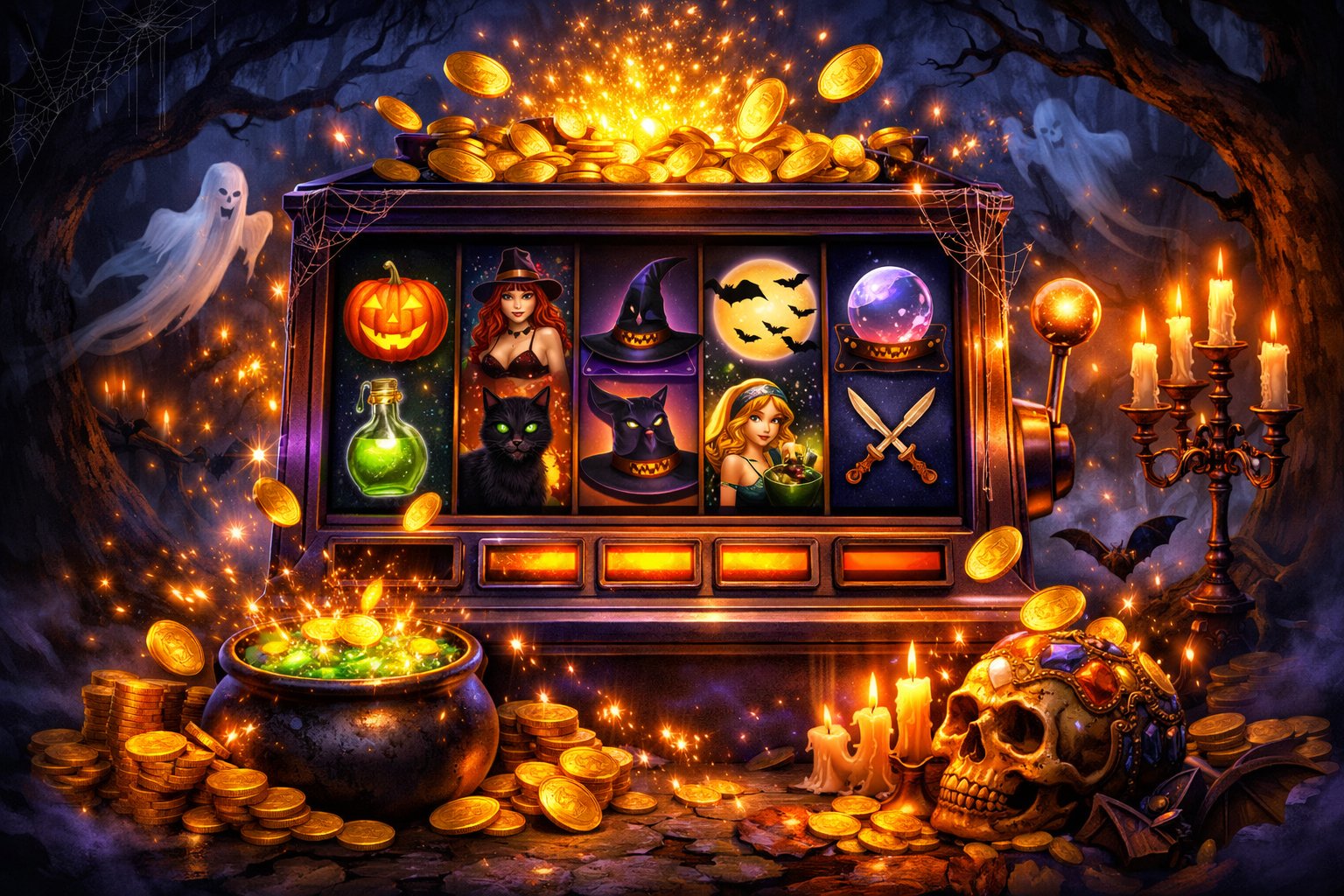 A HalloweenThemed Slot Machine Surrounded By Spooky Symbols Like Pumpkins, Witches' Hats, Bats, And Ghosts In A Dark, Misty Forest.