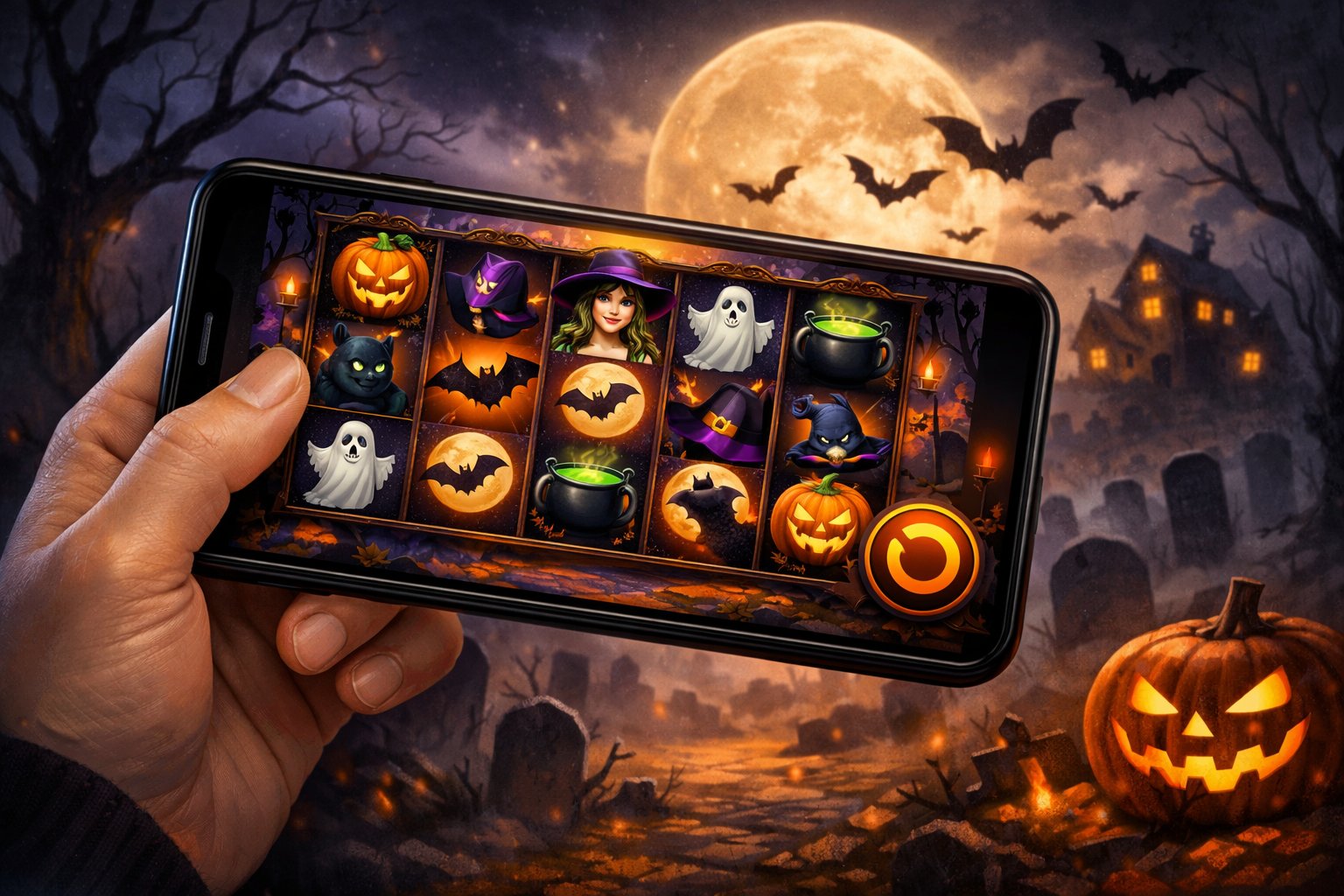 A Hand Holding A Mobile Phone Showing A HalloweenThemed Slot Game With Pumpkins, Ghosts, And Bats, Set Against A Spooky Graveyard Background With A Full Moon.