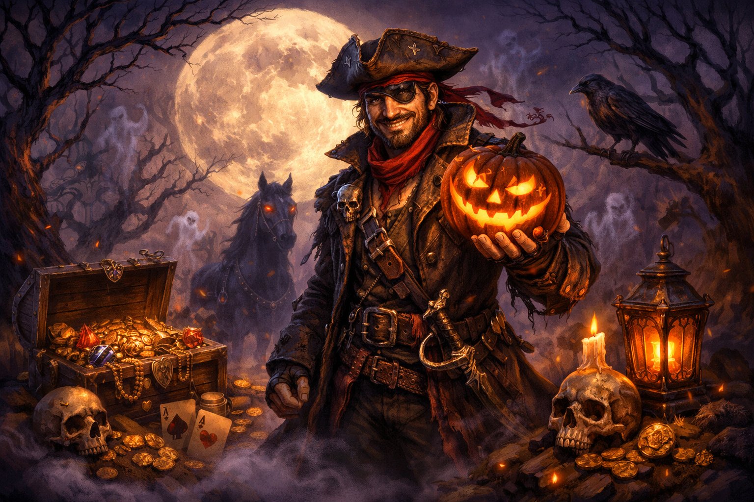 A Pirate Holding A Glowing JackO'Lantern Stands In A Spooky Halloween Night Scene With A Full Moon, Barren Trees, Treasure Symbols, And Ghostly Fog.