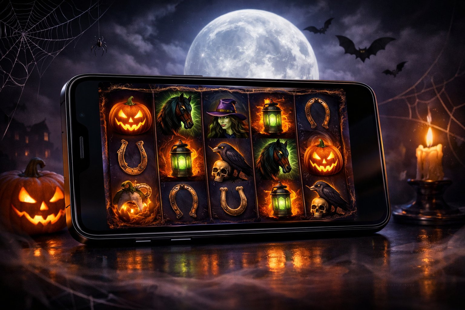 A Smartphone Displaying A HalloweenThemed Slot Game With Pumpkins And Witches, Surrounded By Bats And A Full Moon.